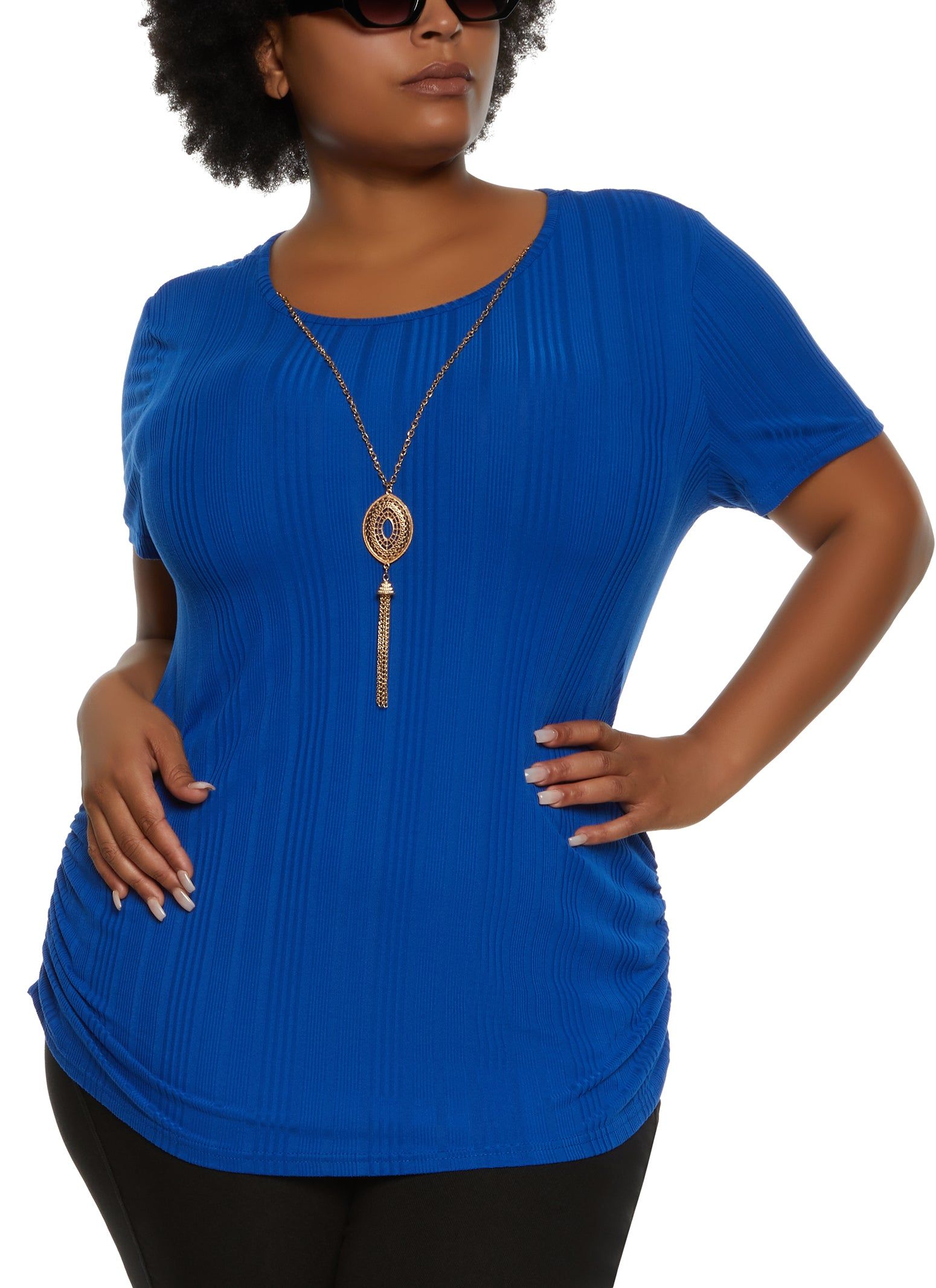Plus Size Rib Knit Ruched Side Top with Necklace sold by Rainbow