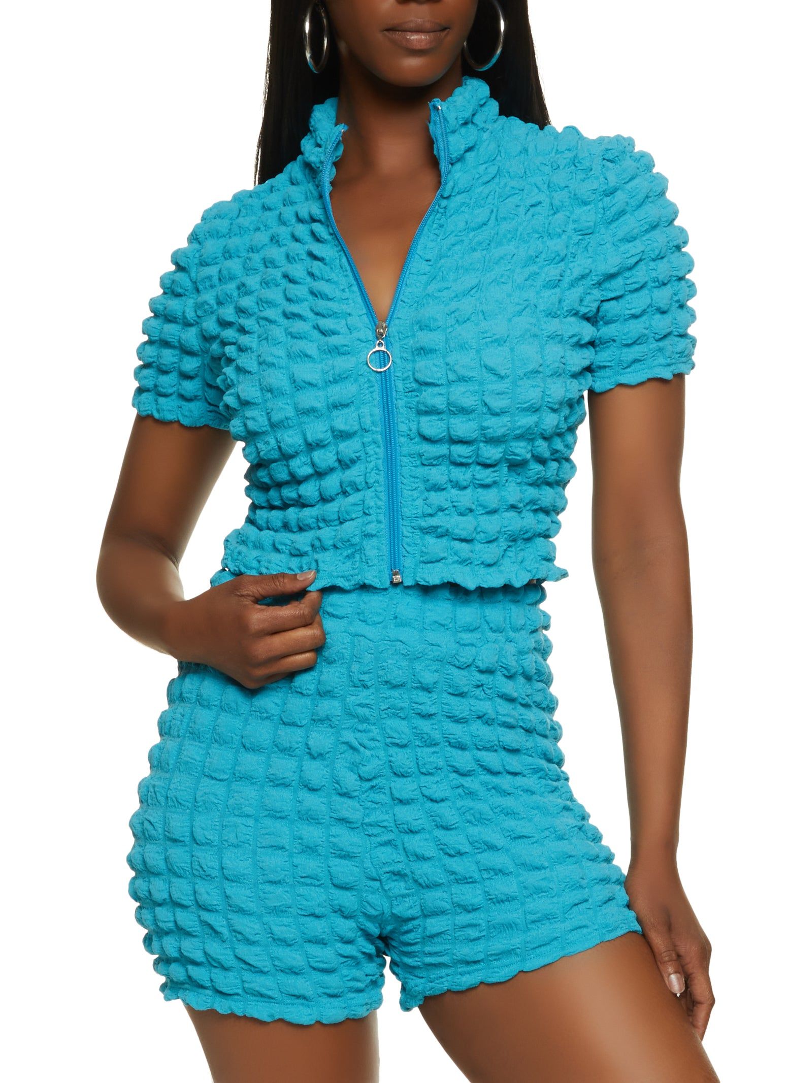 Bubble Knit Zip Up Crop Top and Shorts sold by Rainbow