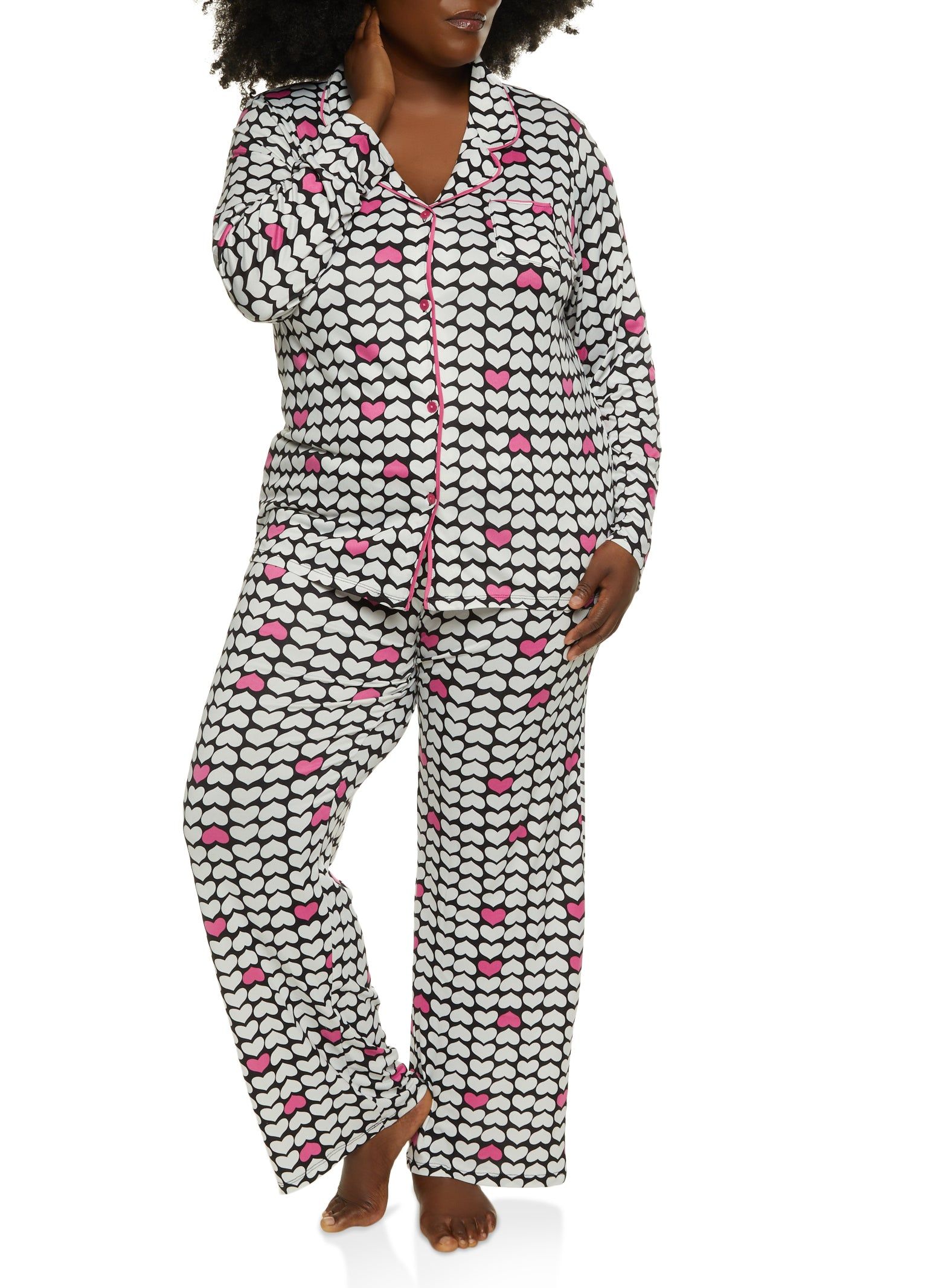 Plus Size Heart Print Long Sleeve Pajama Shirt and Pants sold by Rainbow