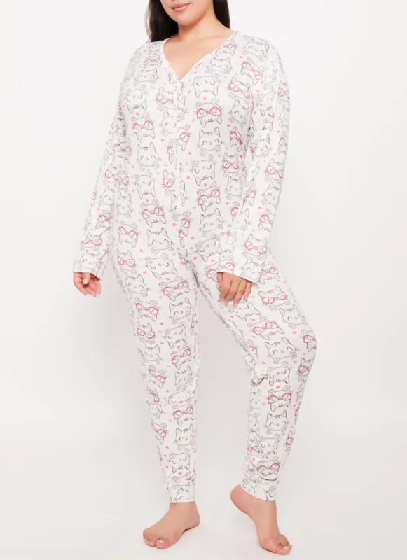Plus Size Cat Graphic Print Pajama Onesie sold by Rainbow