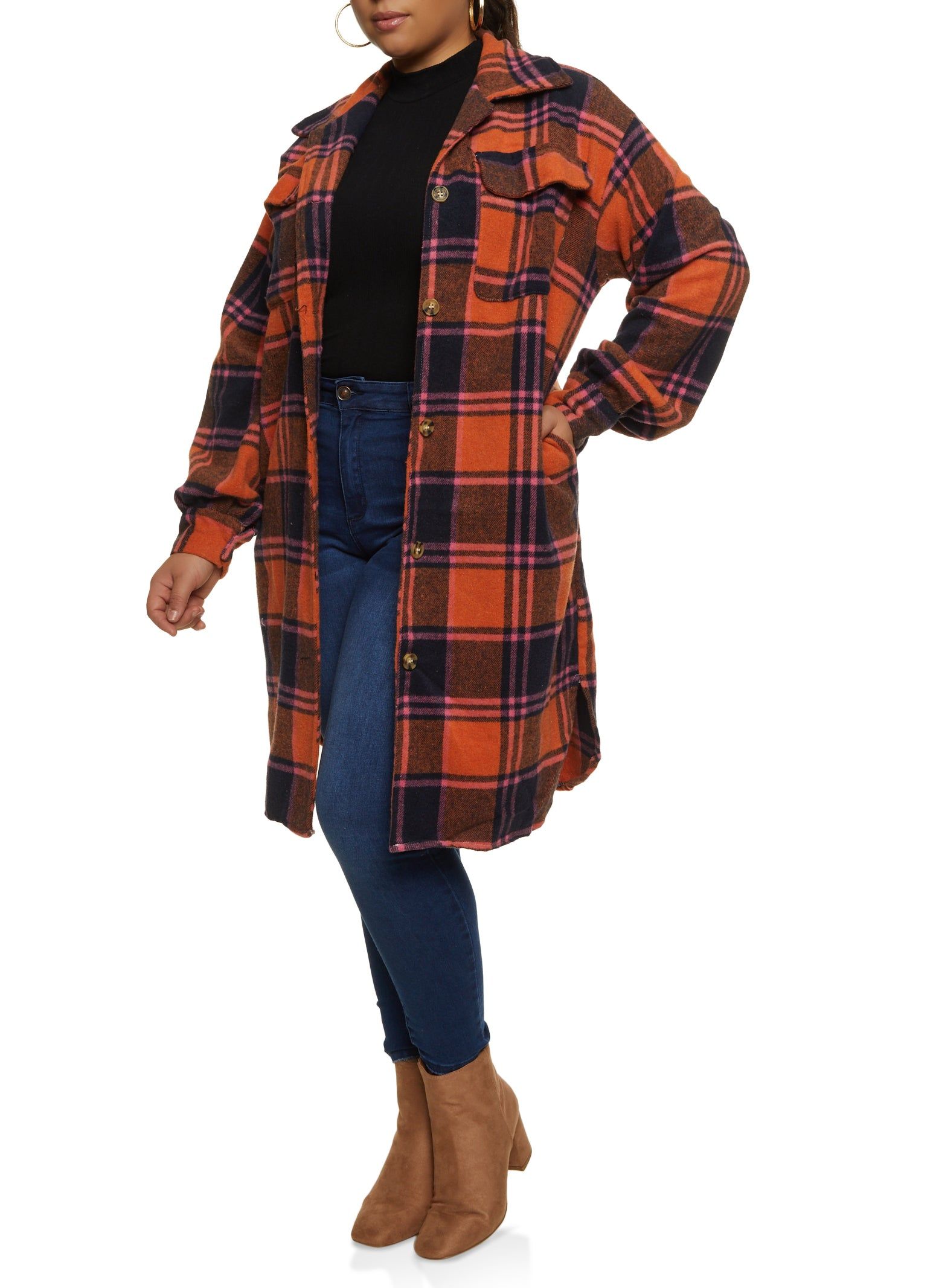 Plus Size Brushed Knit Plaid Longline Shacket sold by Rainbow