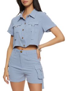 Cargo Pocket Button Front Cropped Shirt sold by Rainbow