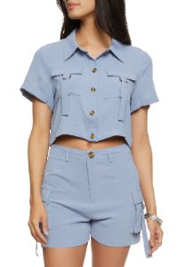 Cargo Pocket Button Front Cropped Shirt sold by Rainbow
