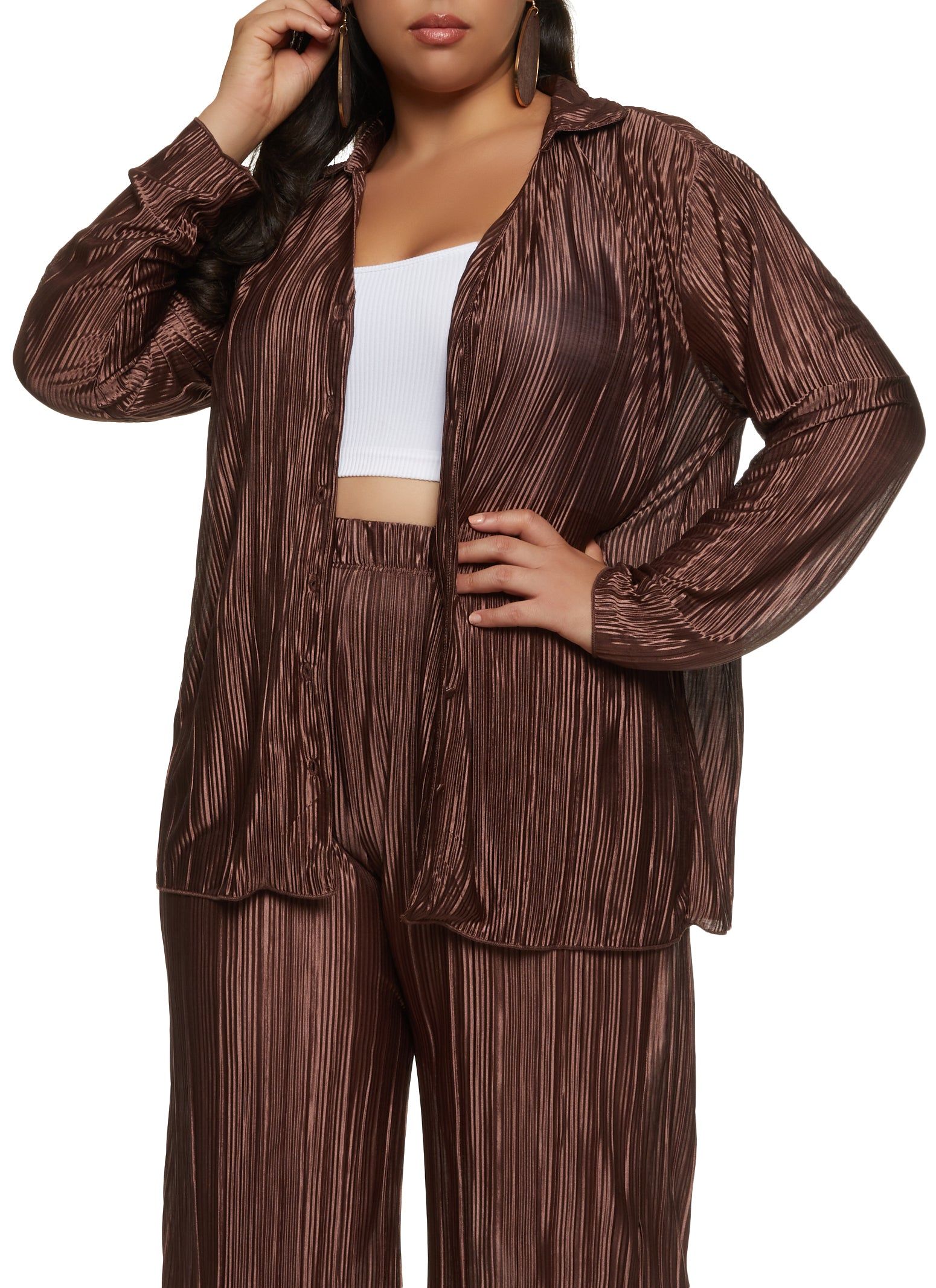 Plus Size Solid Plisse Button Front Shirt sold by Rainbow