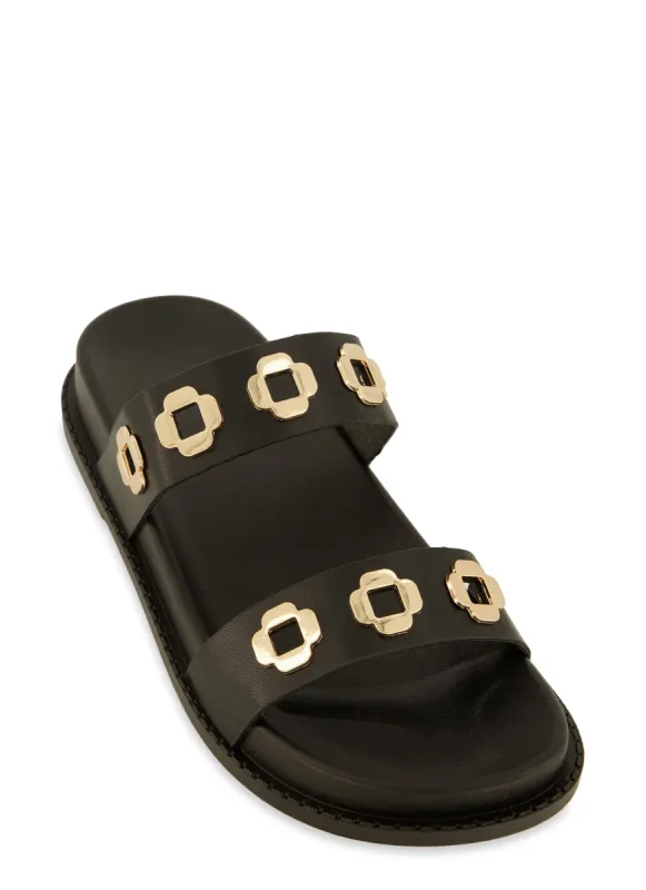 Geometric Metallic Eyelet Double Band Slide Sandals sold by Rainbow