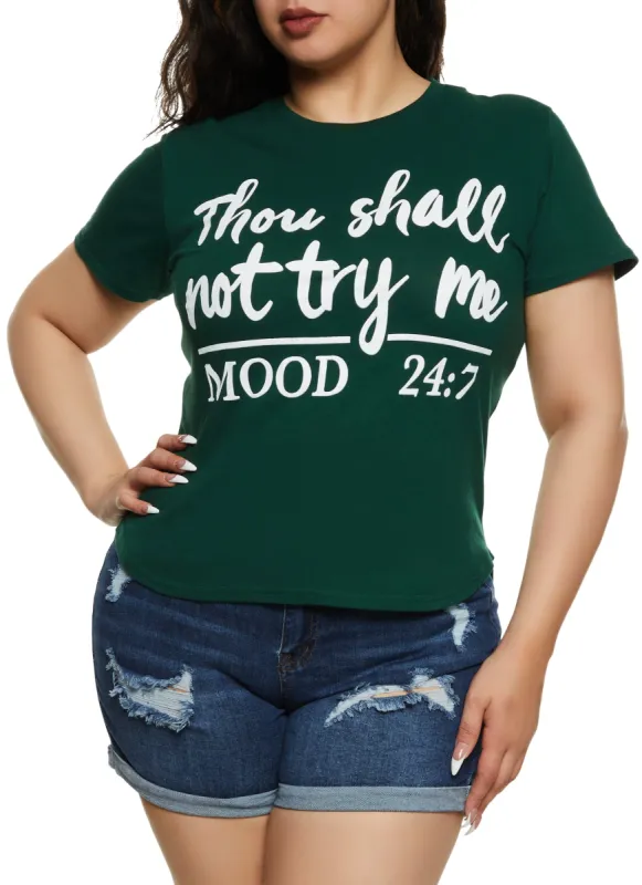 Plus Size High Low Hem Thou Shall Not Try Me Graphic Tee sold by Rainbow