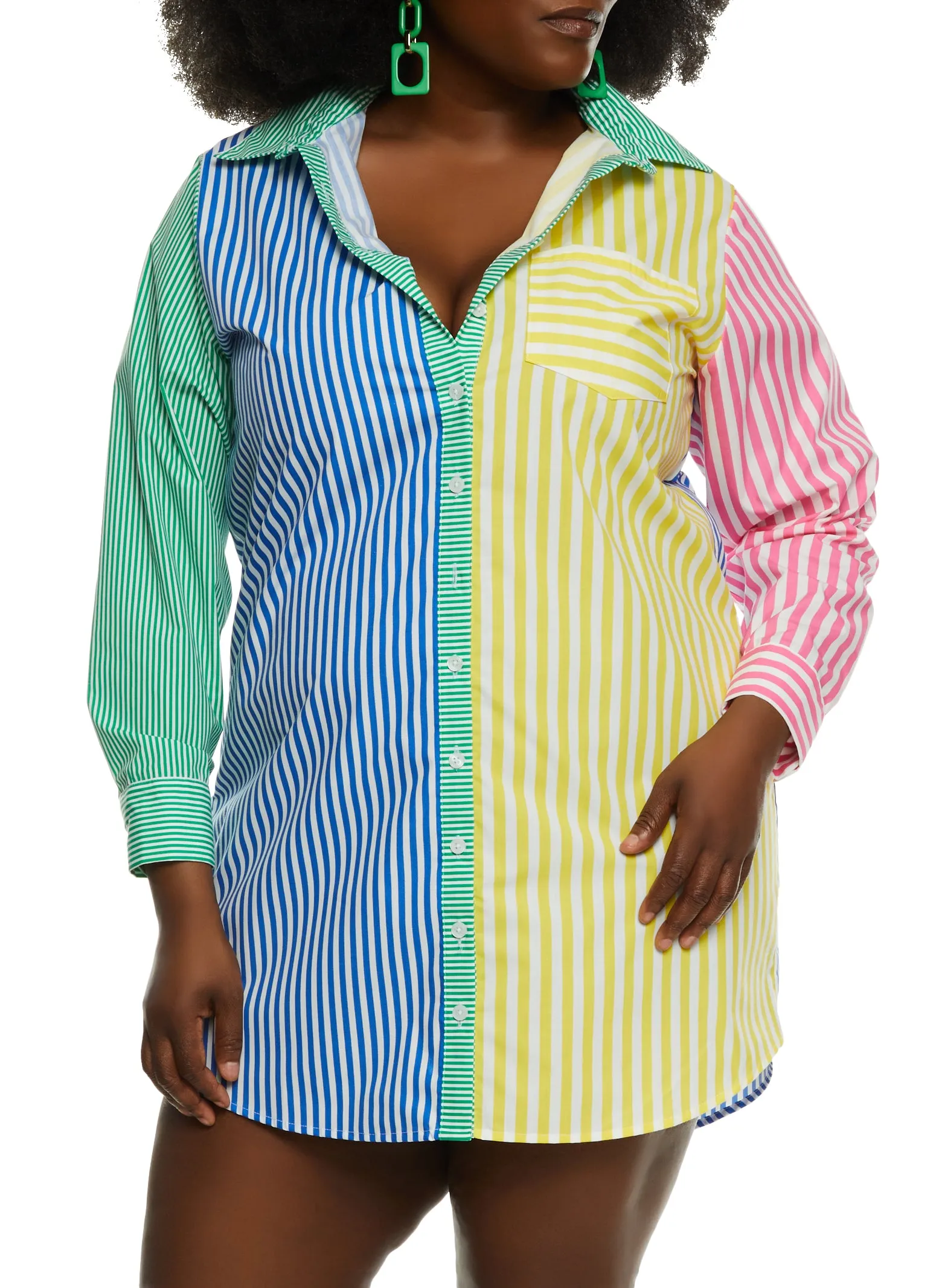 Plus Size Poplin Color Block Striped Shirt Dress sold by Rainbow