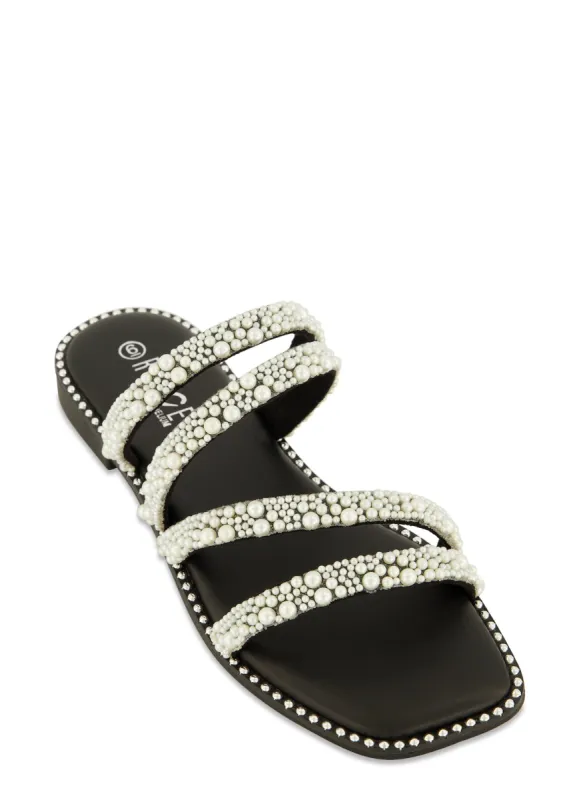 Faux Pearl Asymmetrical Strappy Slide Sandals sold by Rainbow