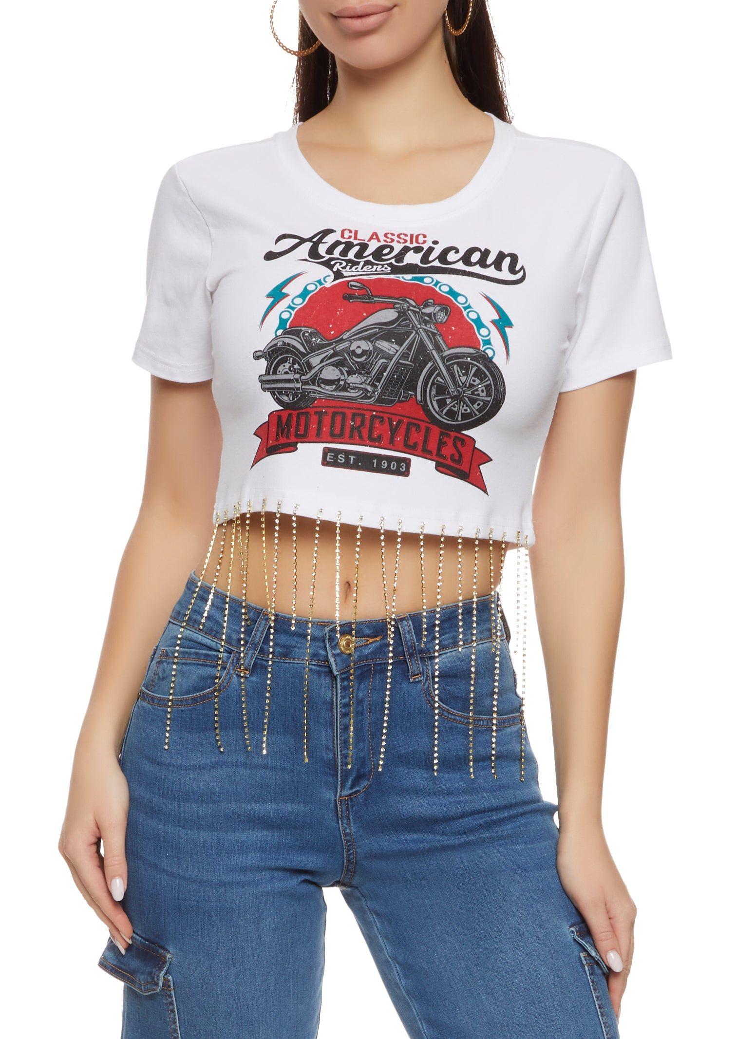 Rhinestone Fringe Motorcycle Graphic Crop Top sold by Rainbow