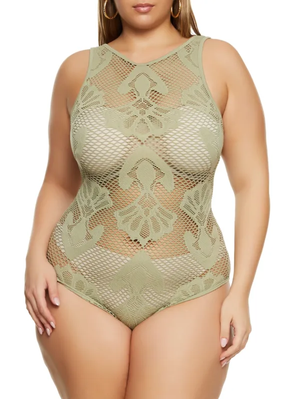 Plus Size Seamless Fishnet Patterned Bodysuit sold by Rainbow