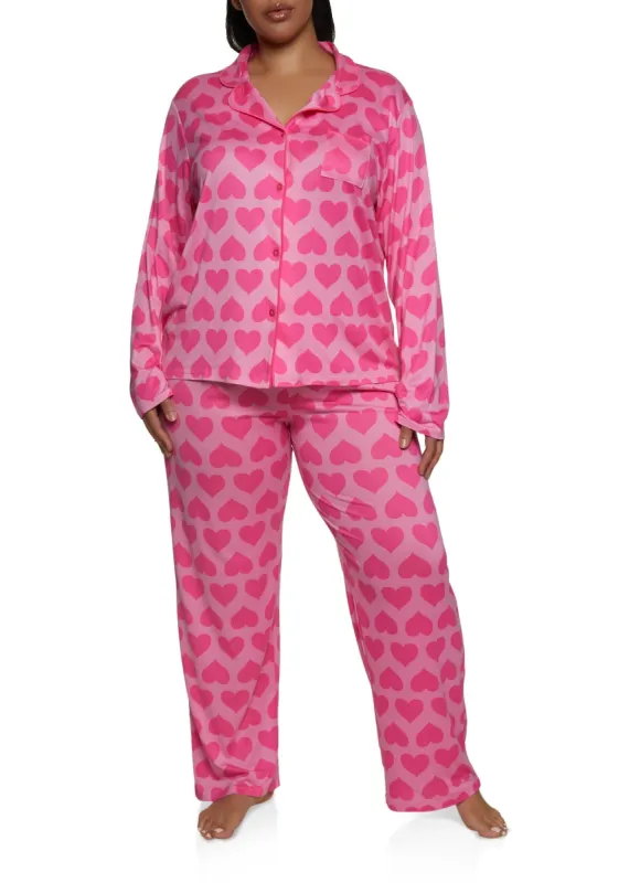 Plus Size Heart Printed Button Front Pajama Shirt and Pants sold by Rainbow
