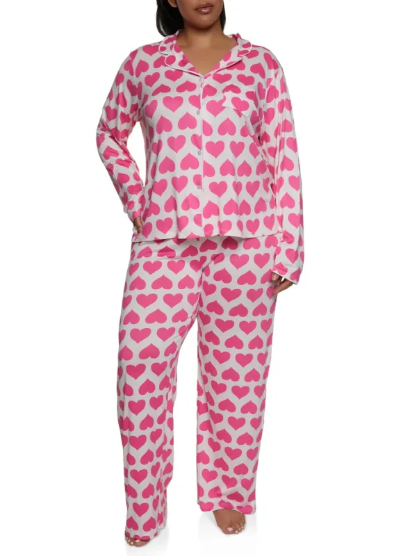 Plus Size Heart Printed Button Front Pajama Shirt and Pants sold by Rainbow