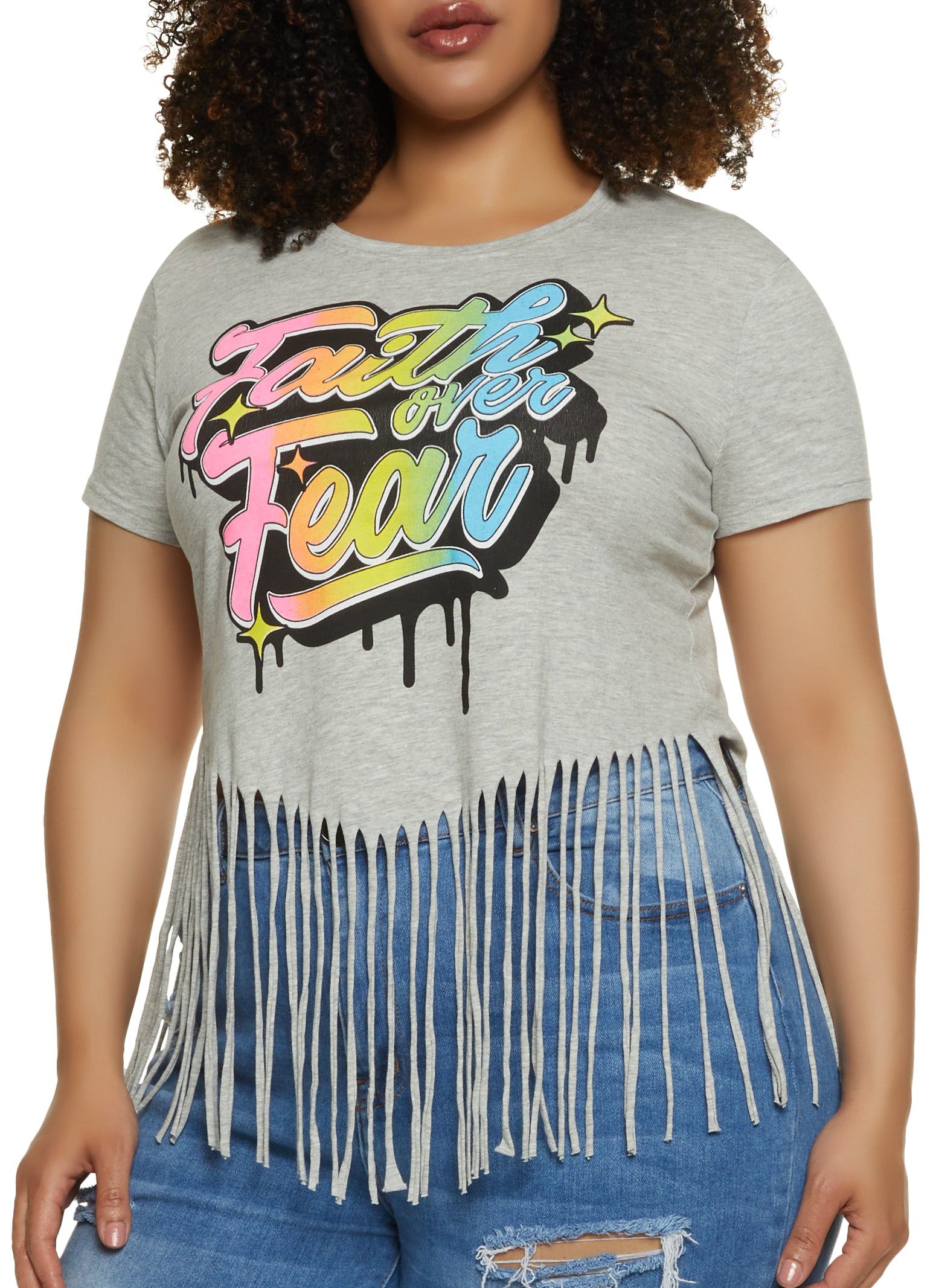 Plus Size Faith Over Fear Fringe Tee sold by Rainbow