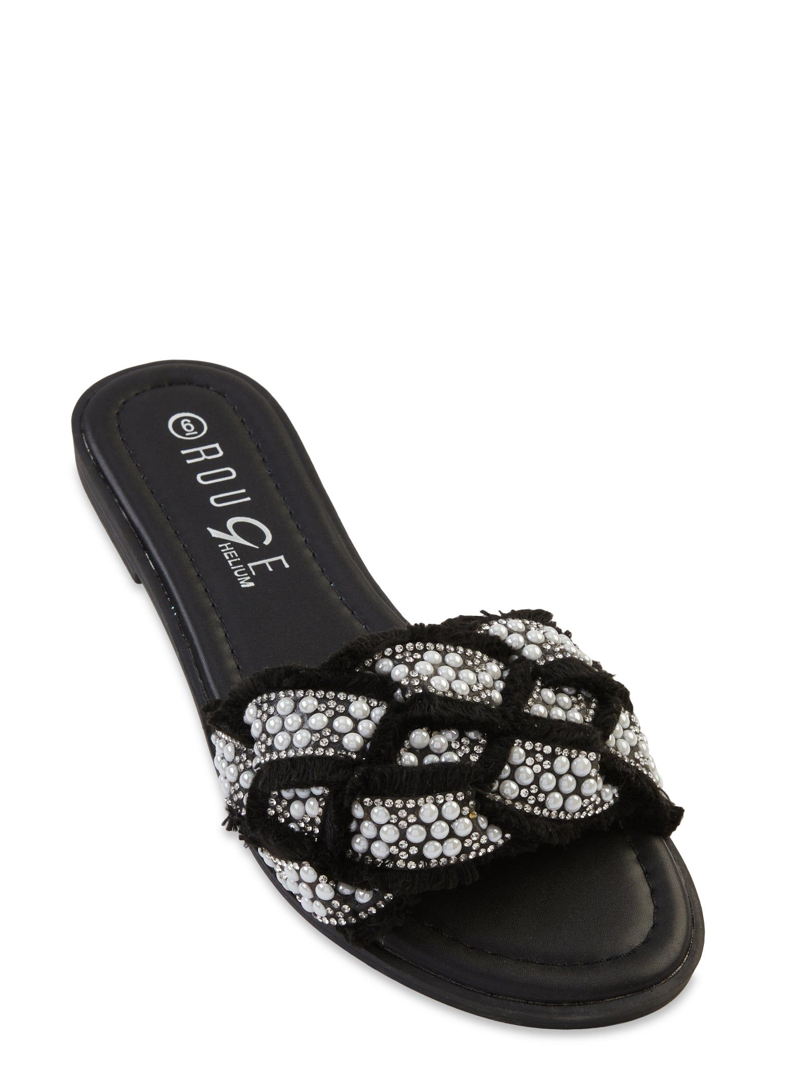 Faux Pearl Rhinestone Frayed Band Slide Sandals sold by Rainbow