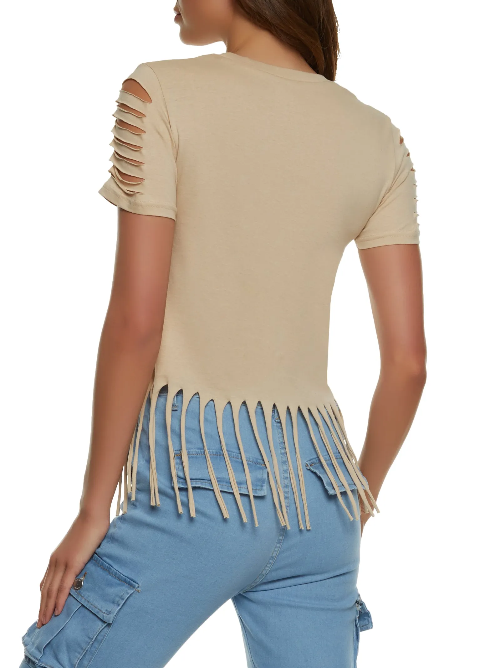 Solid Laser Cut Fringe Hem T Shirt sold by Rainbow product image thumbnail 2
