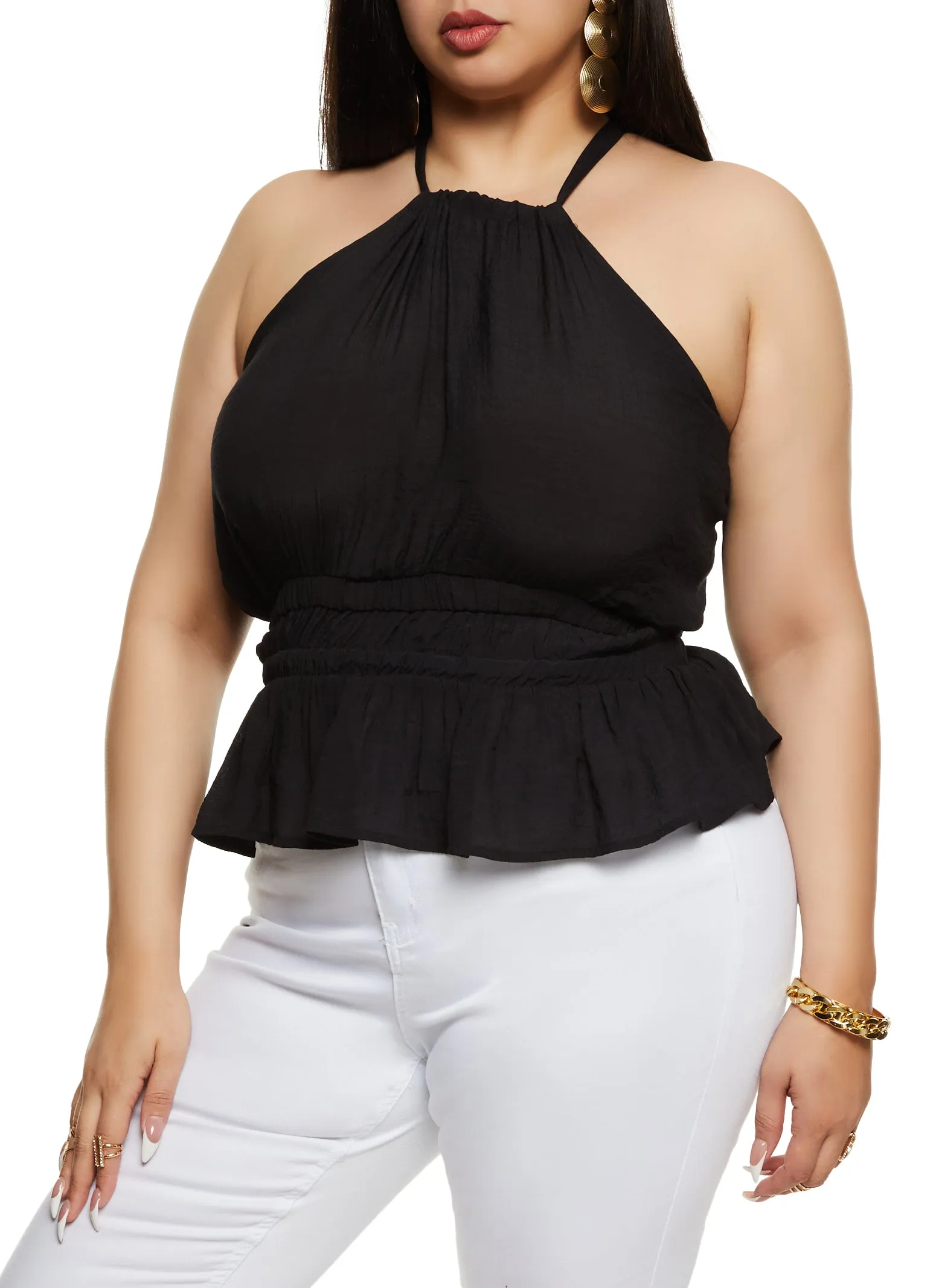 Plus Size Gauze Knit High Neck Smocked Waist Top sold by Rainbow