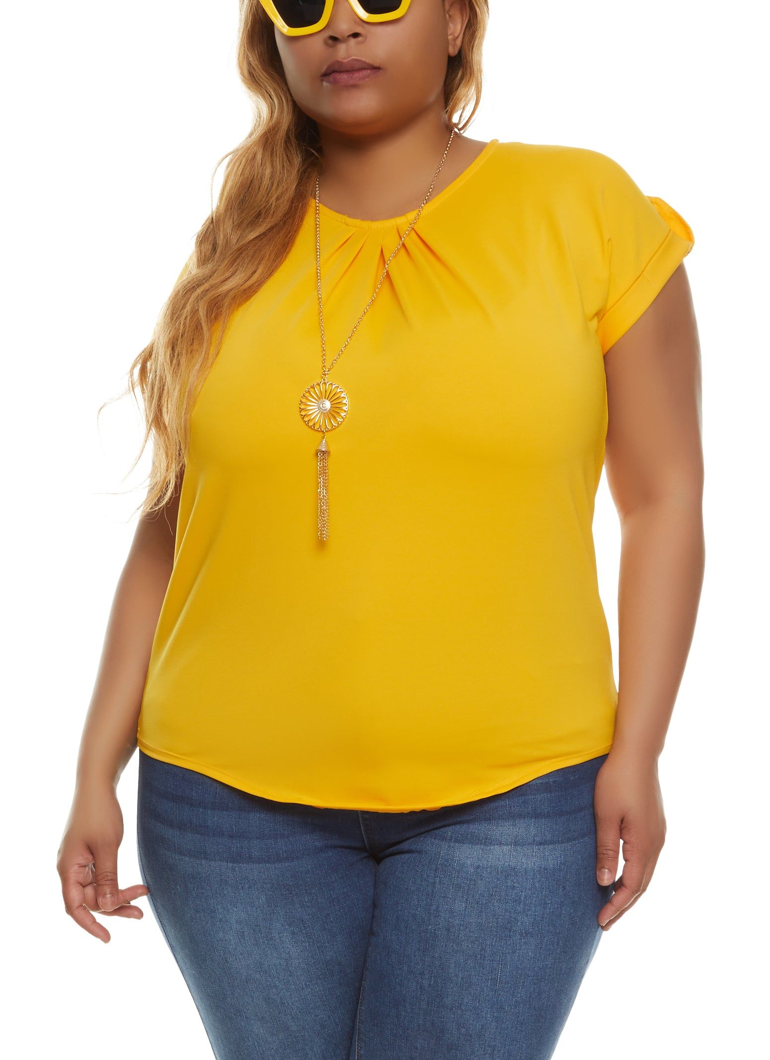Plus Size Tabbed Short Sleeve Blouse with Necklace sold by Rainbow