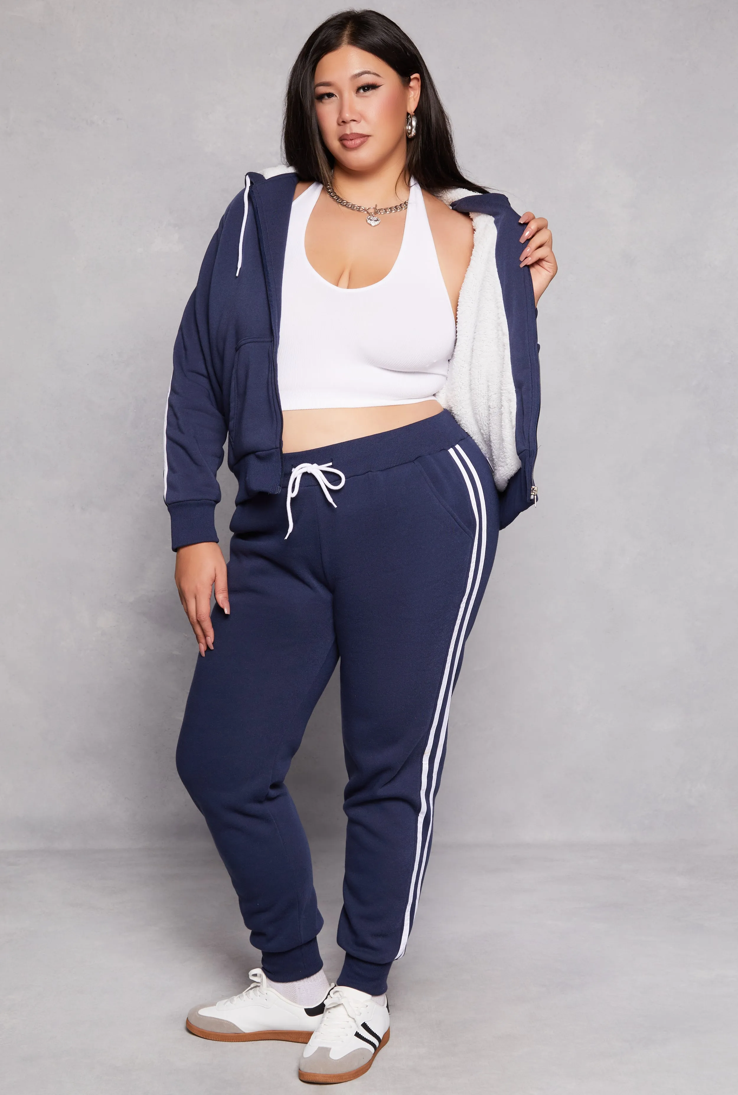 Plus Size Varsity Stripe Zip Front Sherpa Lined Hoodie sold by Rainbow product image thumbnail 2