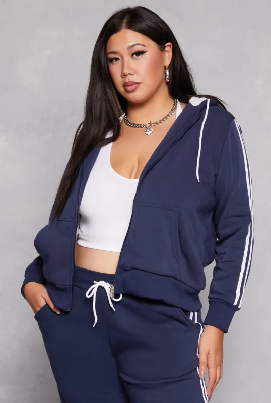 Plus Size Varsity Stripe Zip Front Sherpa Lined Hoodie sold by Rainbow