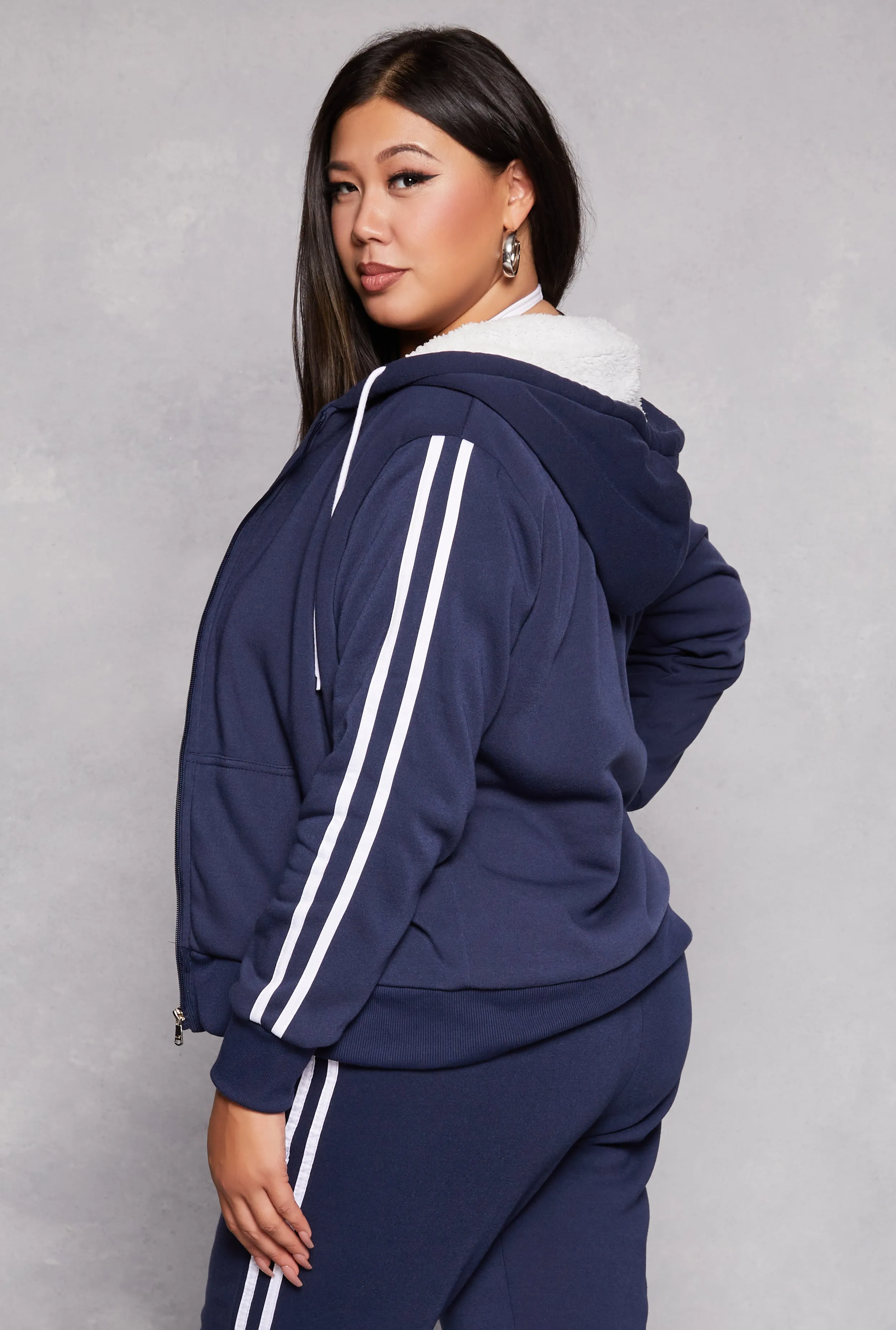 Plus Size Varsity Stripe Zip Front Sherpa Lined Hoodie sold by Rainbow product image thumbnail 3
