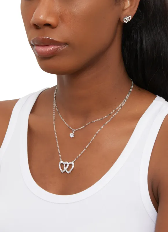 Rhinestone Heart Charm Layered Necklace and Stud Earrings sold by Rainbow