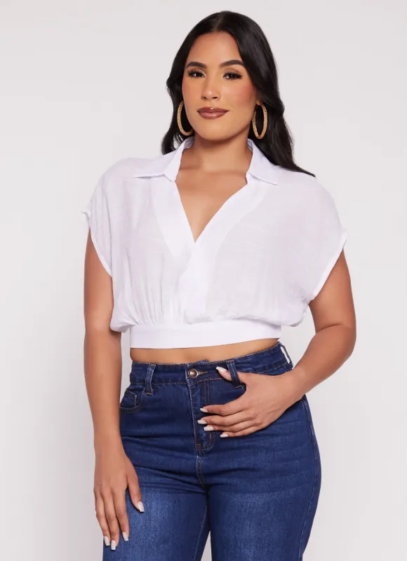 Guaze Knit Cropped Faux Wrap Top sold by Rainbow