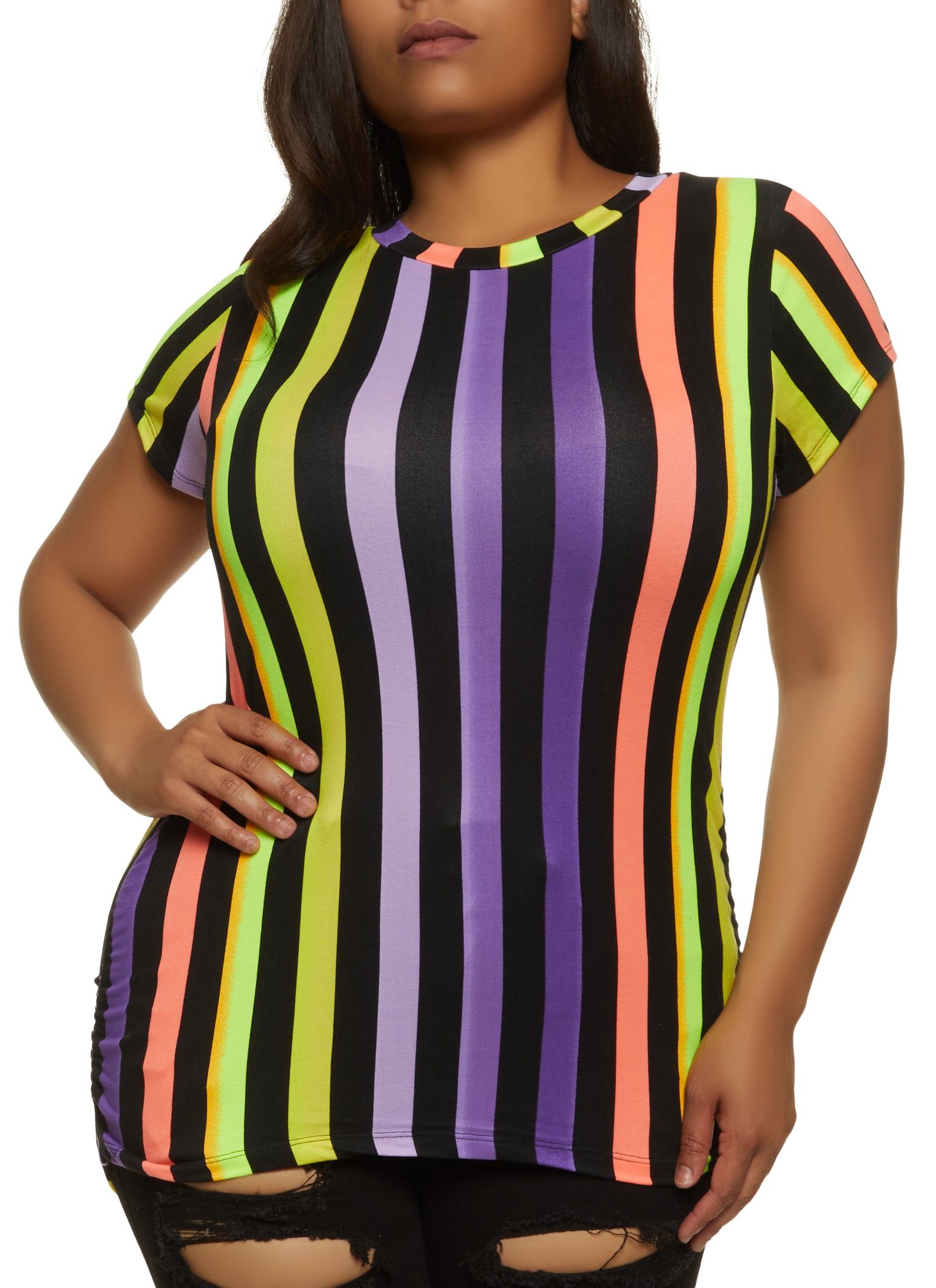 Plus Size Rainbow Striped Ruched Tee sold by Rainbow