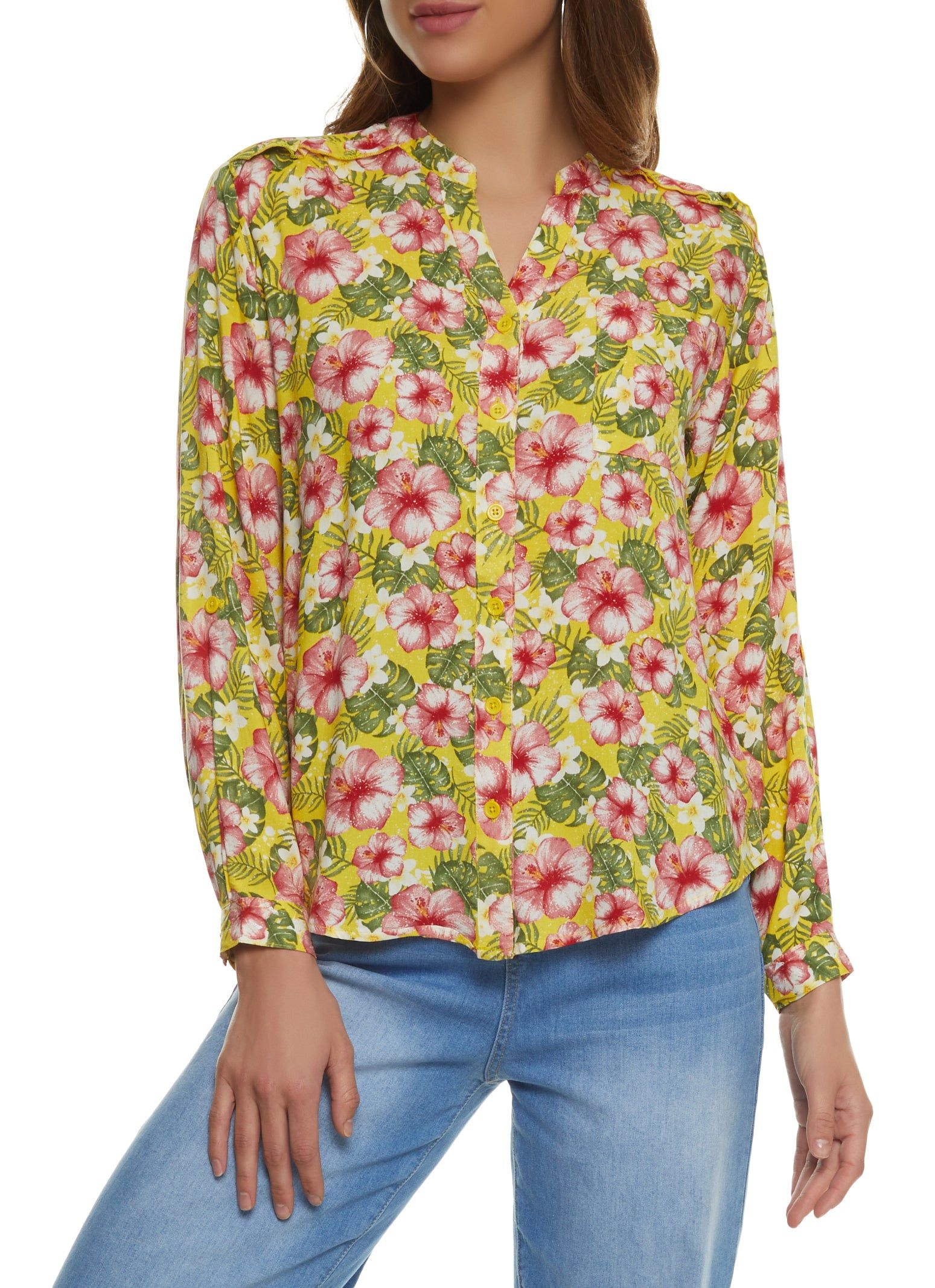 Floral Notch Neck Long Sleeve Top sold by Rainbow