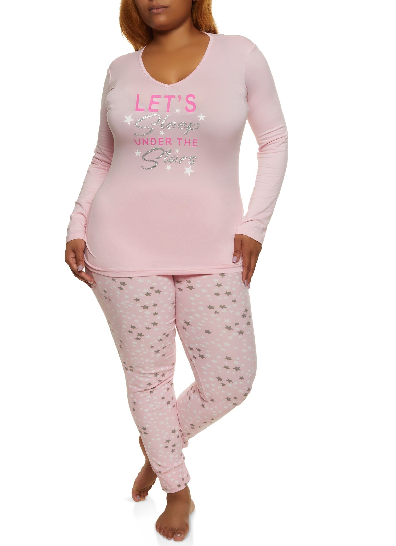 Plus Size Under The Stars Graphic Pajama Top and Pants sold by Rainbow