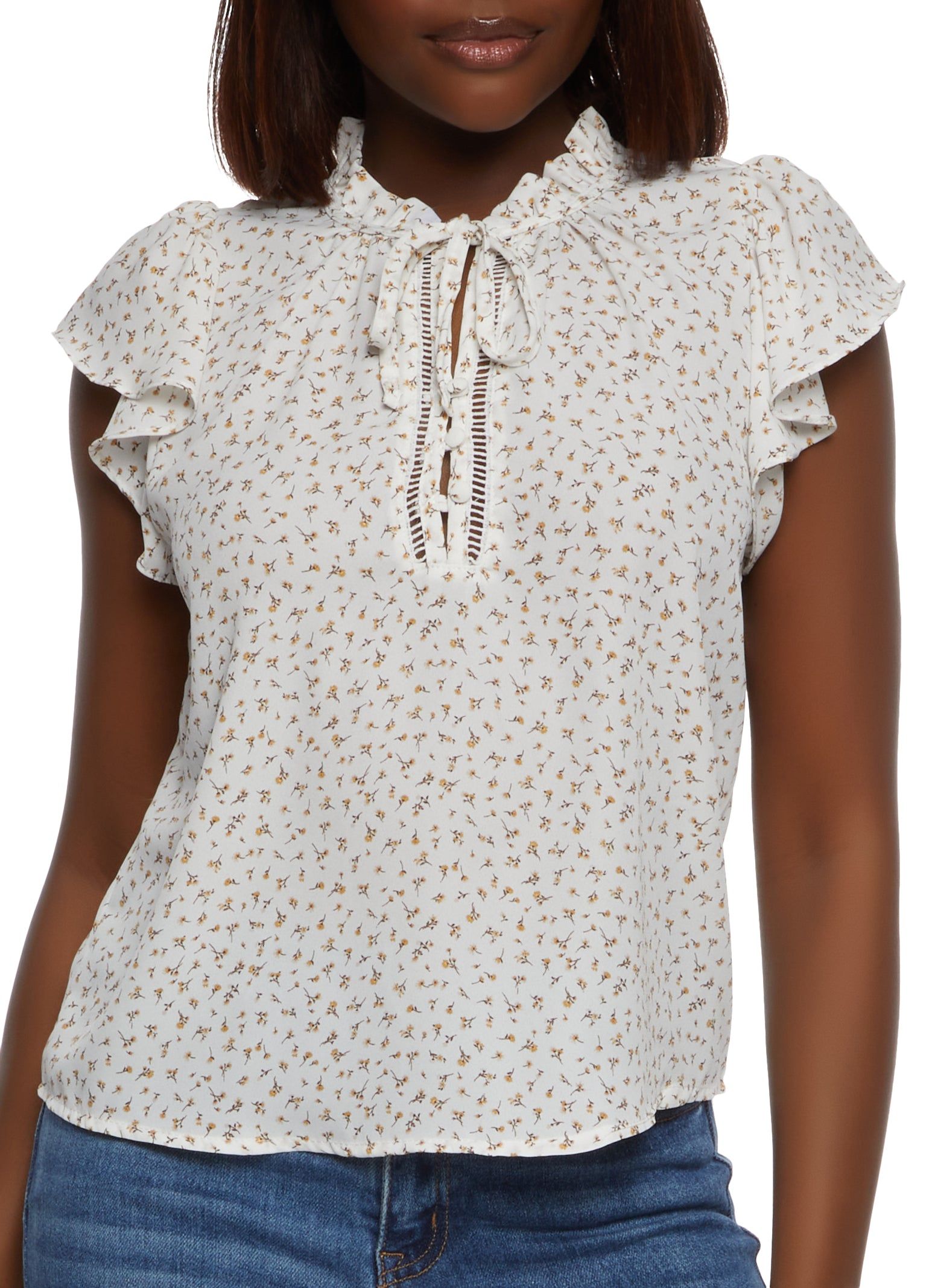 Floral Print Flutter Sleeve Tie Neck Blouse sold by Rainbow