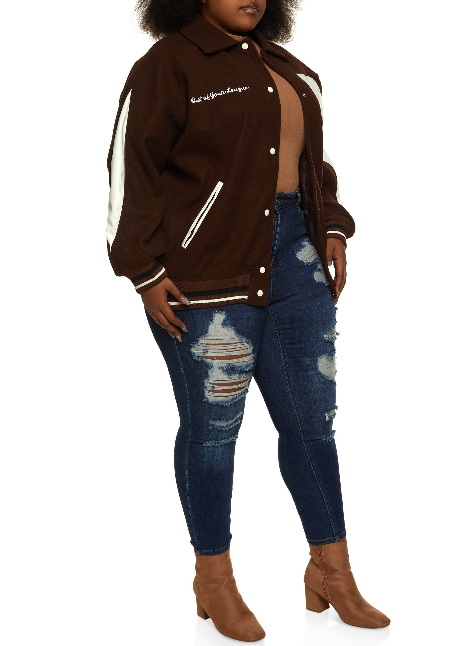 Plus Size NY Chenille Patch Collared Varsity Bomber Jacket sold by Rainbow product image thumbnail 2