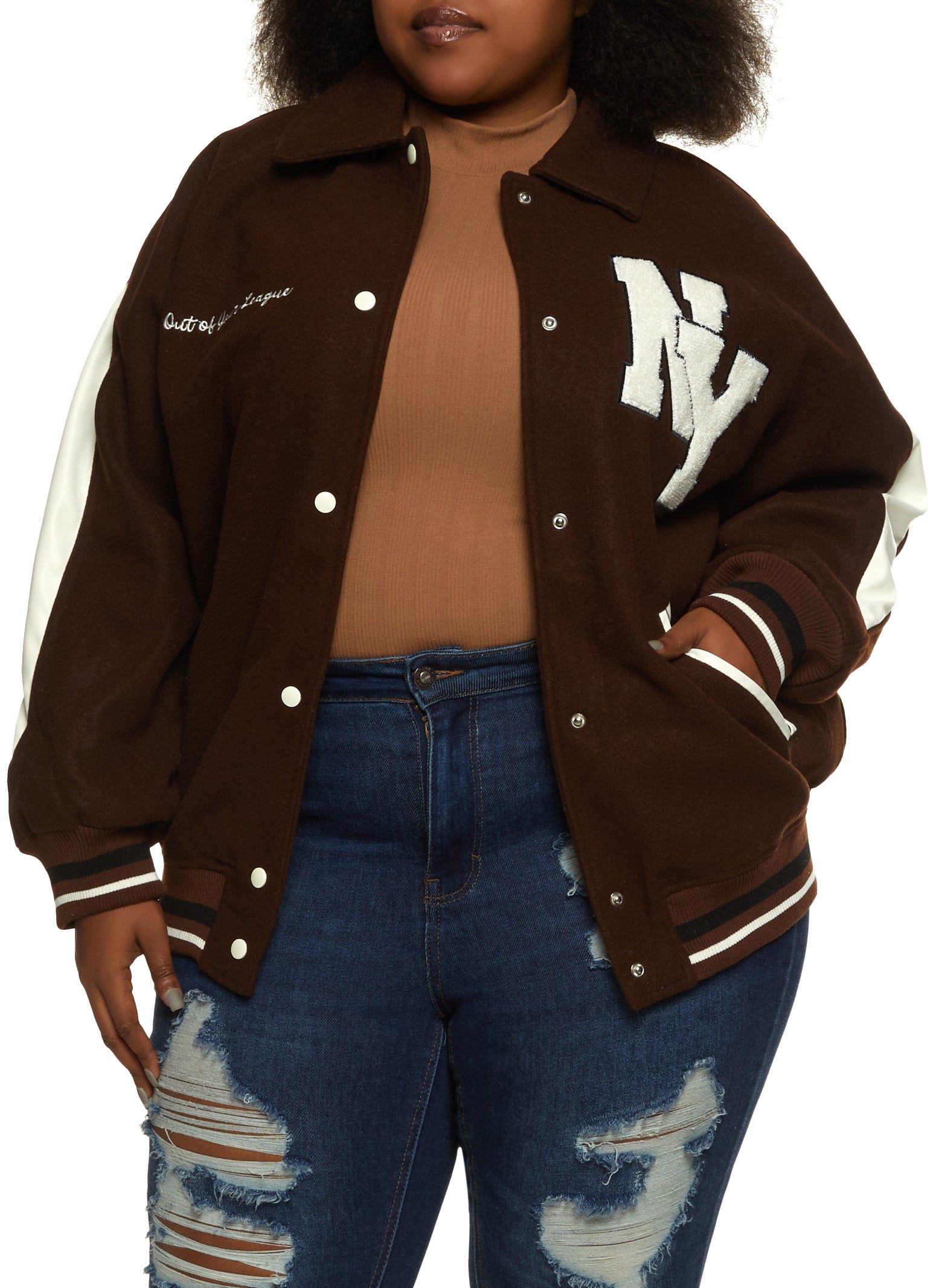 Plus Size NY Chenille Patch Collared Varsity Bomber Jacket sold by Rainbow