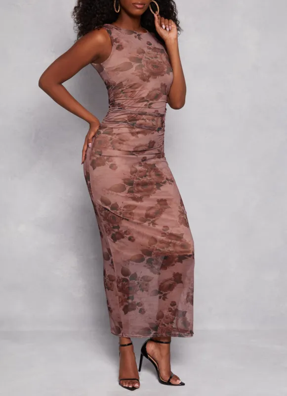 Almost Famous Printed Mesh Crew Neck Maxi Dress sold by Rainbow