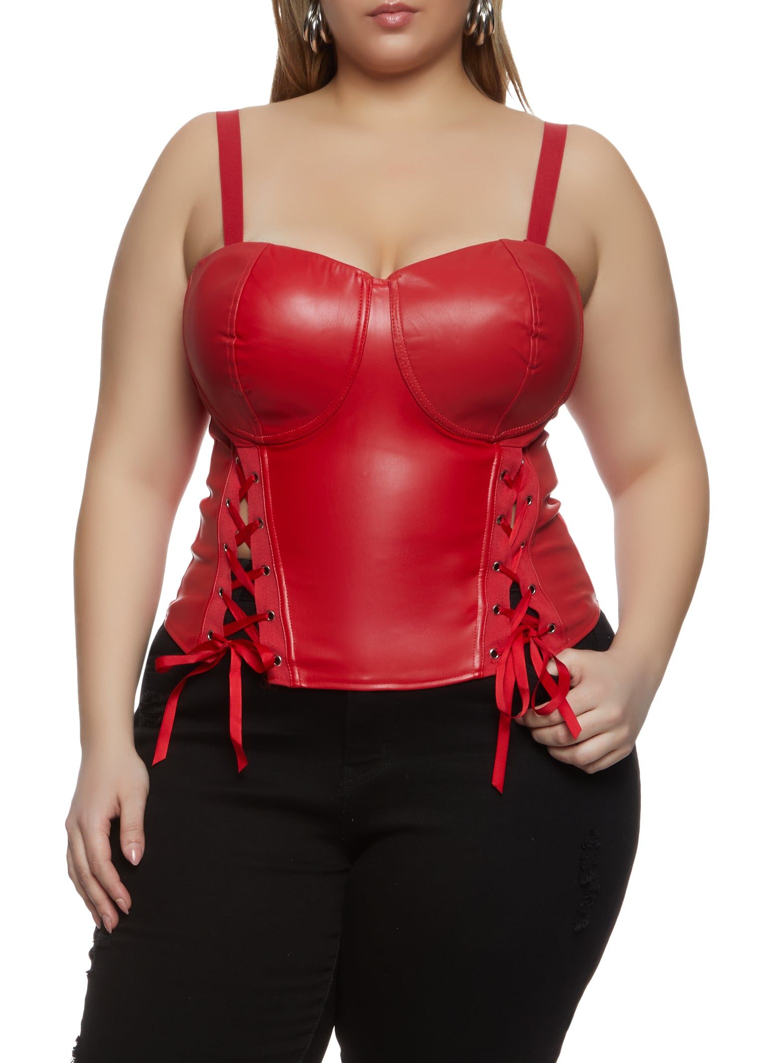 Plus Size Faux Leather Lace Up Detail Convertible Bustier Top sold by Rainbow