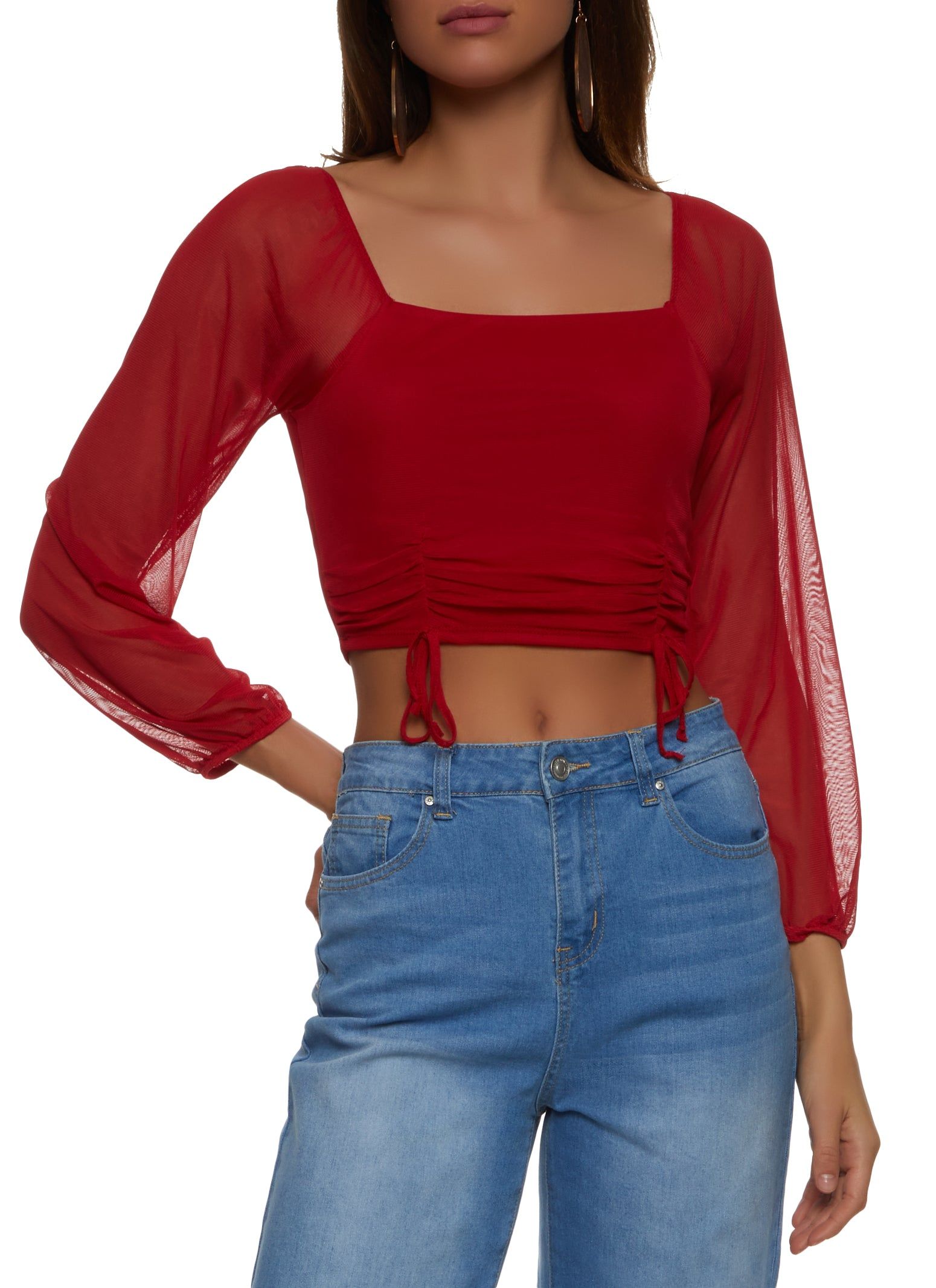 Mesh Long Sleeve Ruched Crop Top sold by Rainbow