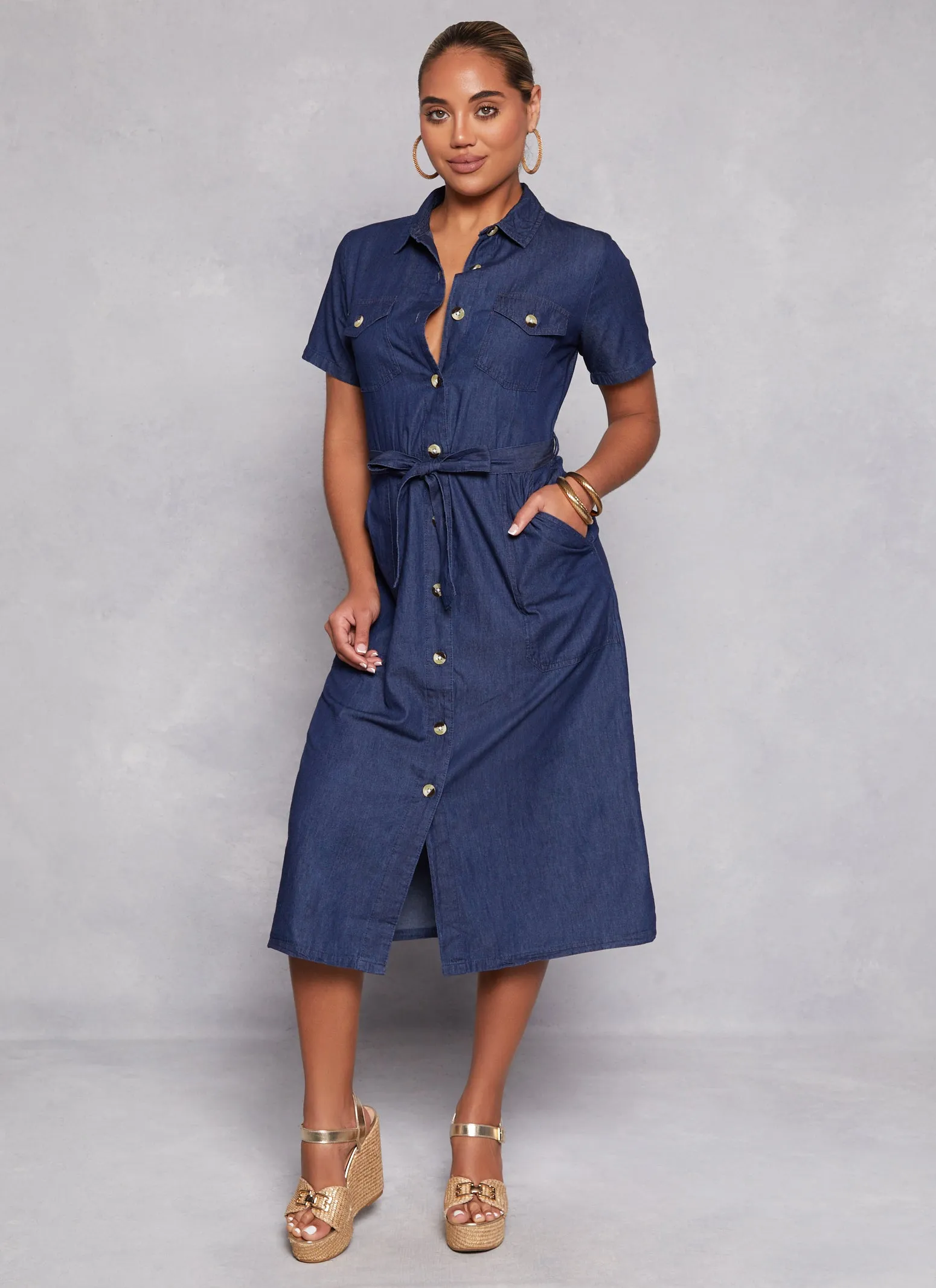Denim Tie Waist Belted Shirt Dress sold by Rainbow
