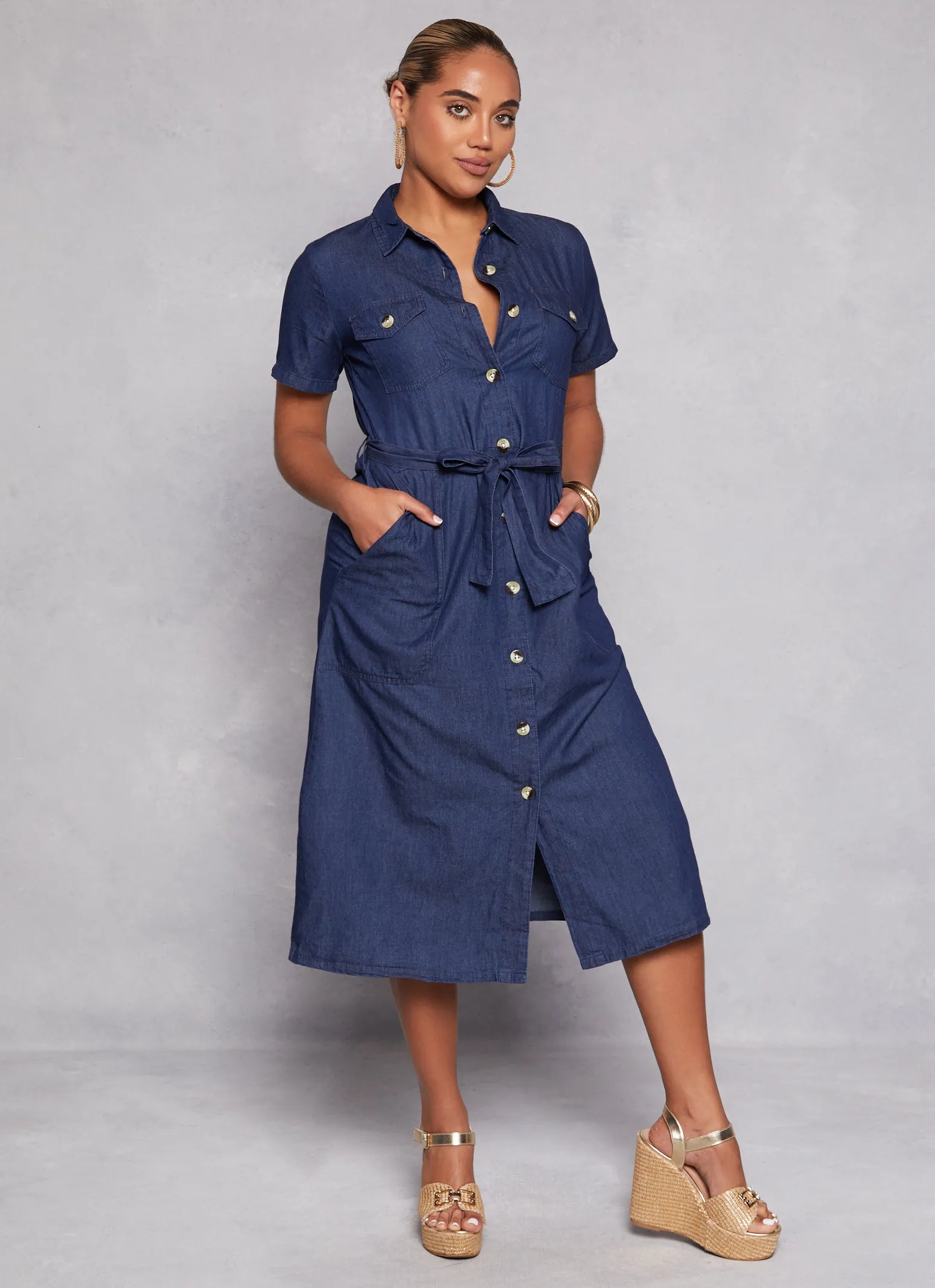 Denim Tie Waist Belted Shirt Dress sold by Rainbow product image thumbnail 2