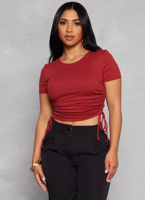 Solid Crew Neck Ruched Side Crop Top sold by Rainbow
