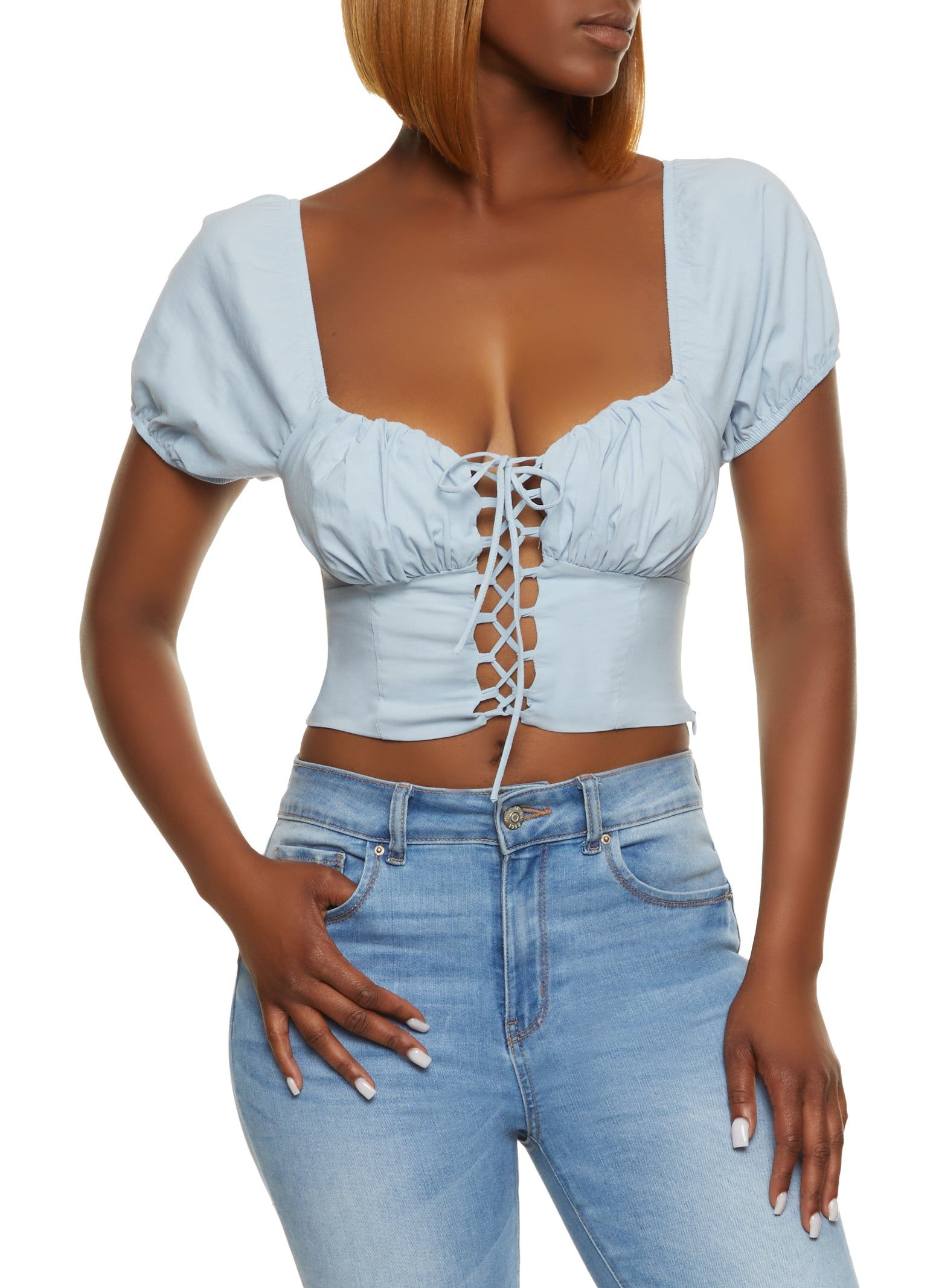 Lace Up Puff Sleeve Peasant Top sold by Rainbow