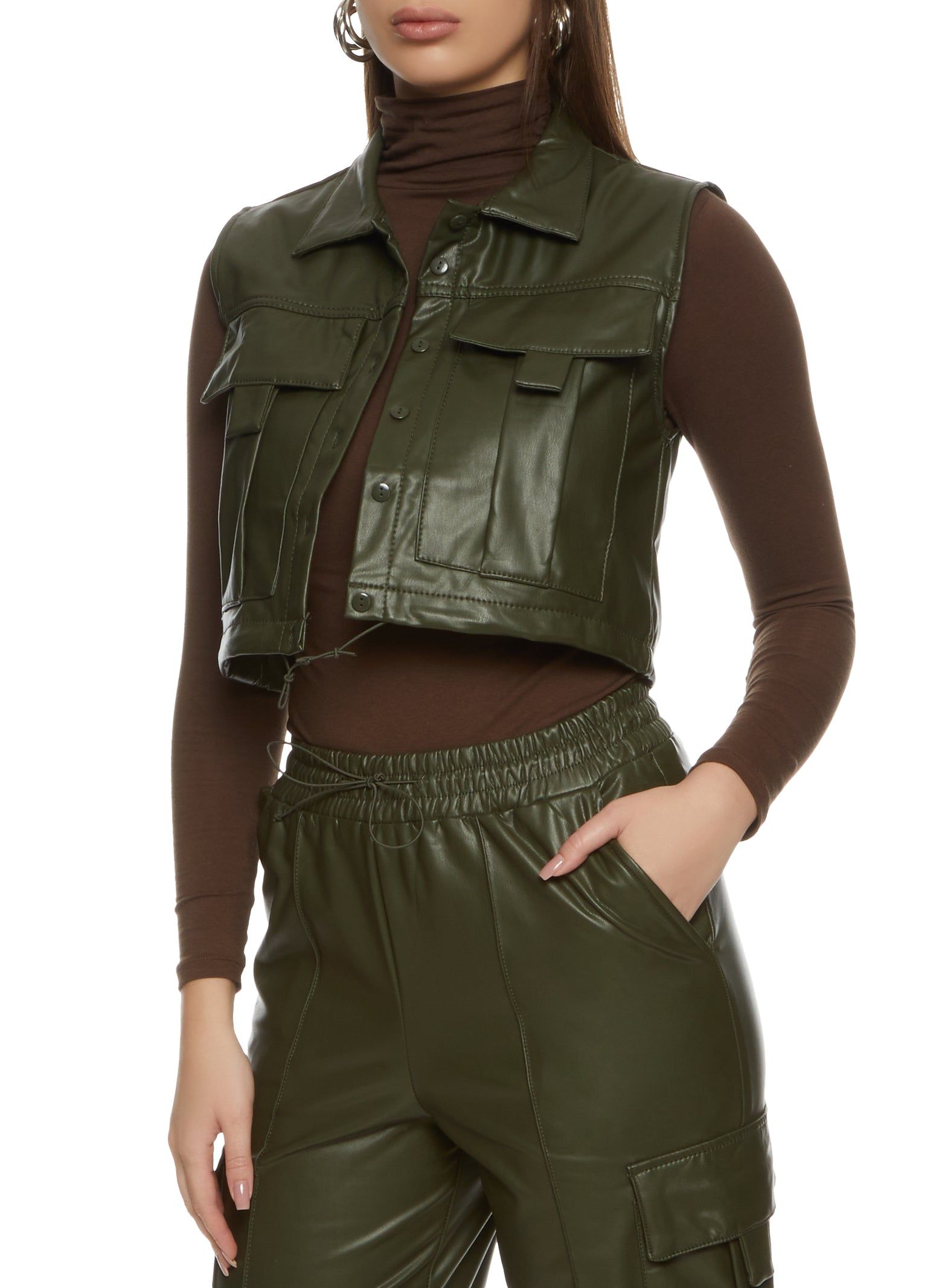 Faux Leather Button Front Cargo Cropped Vest sold by Rainbow