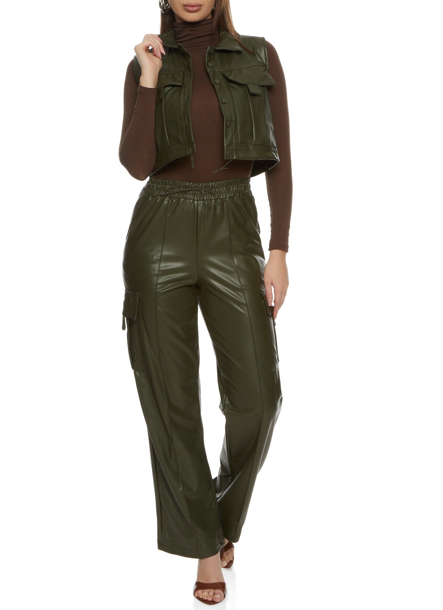 Faux Leather Button Front Cargo Cropped Vest sold by Rainbow product image thumbnail 2