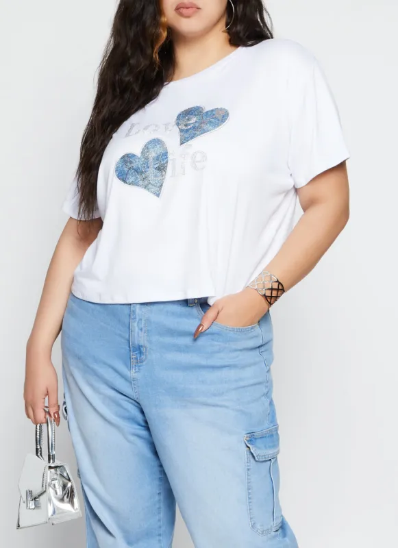 Plus Size Love Life Rhinestone Patch Graphic Tee sold by Rainbow