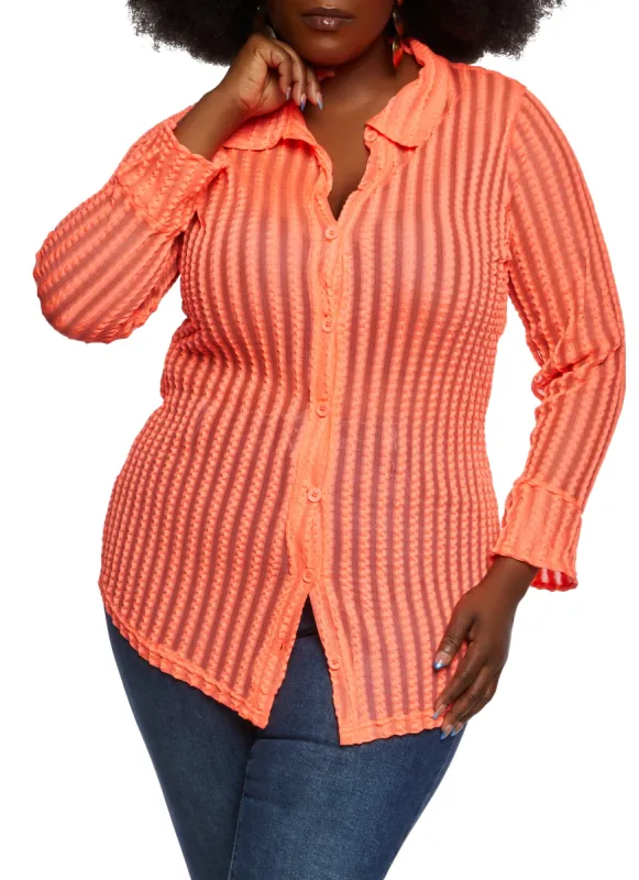 Plus Size Striped Mesh Detail Button Front Shirt sold by Rainbow