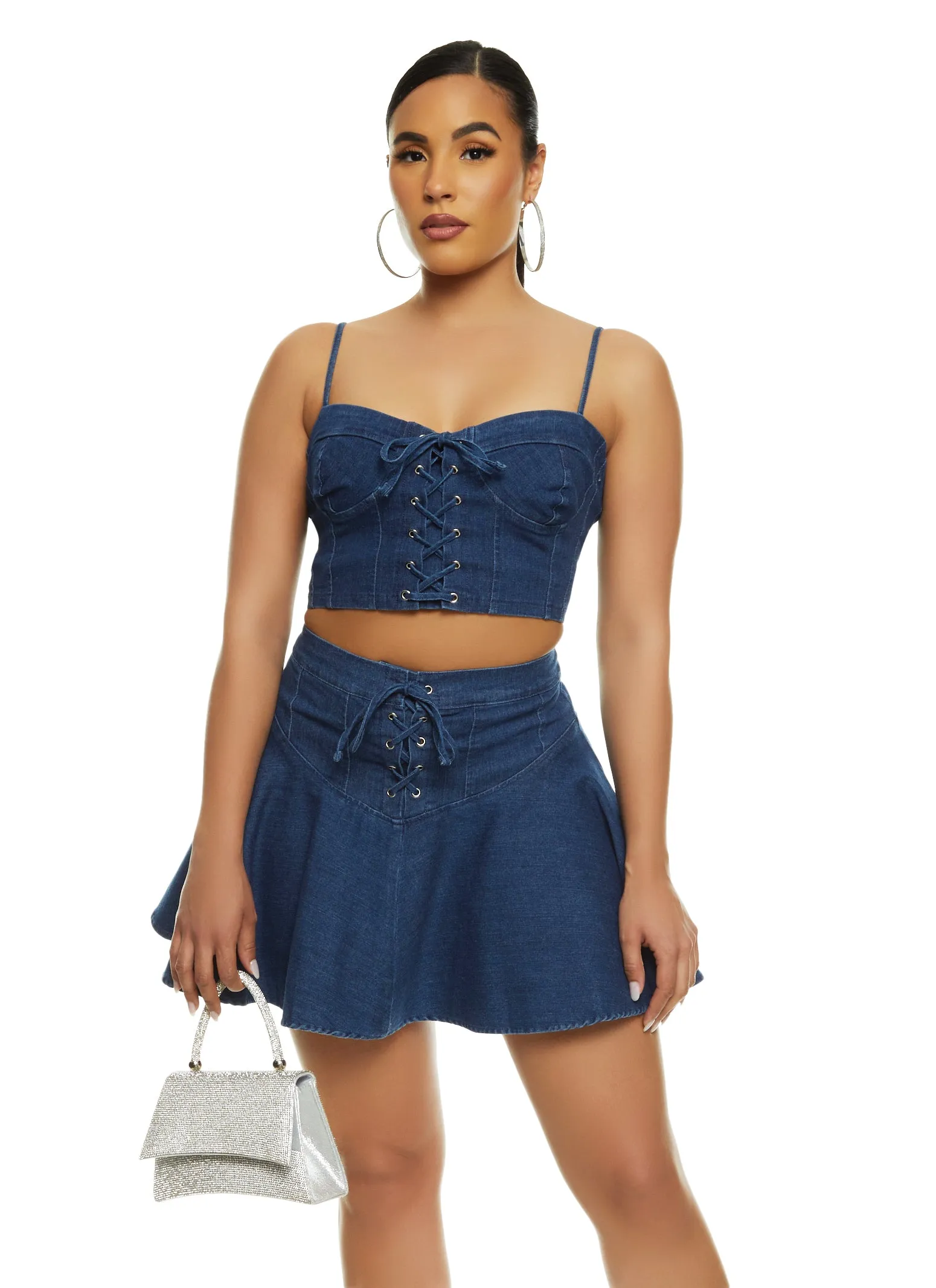 Denim Lace Up Flare Skirt sold by Rainbow