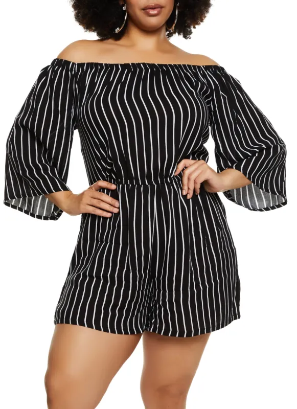 Plus Size Striped Off the Shoulder Romper made by Rainbow