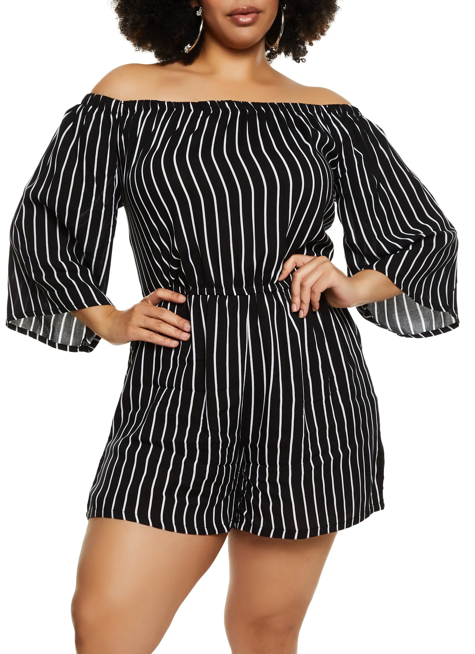Plus Size Striped Off the Shoulder Romper sold by Rainbow