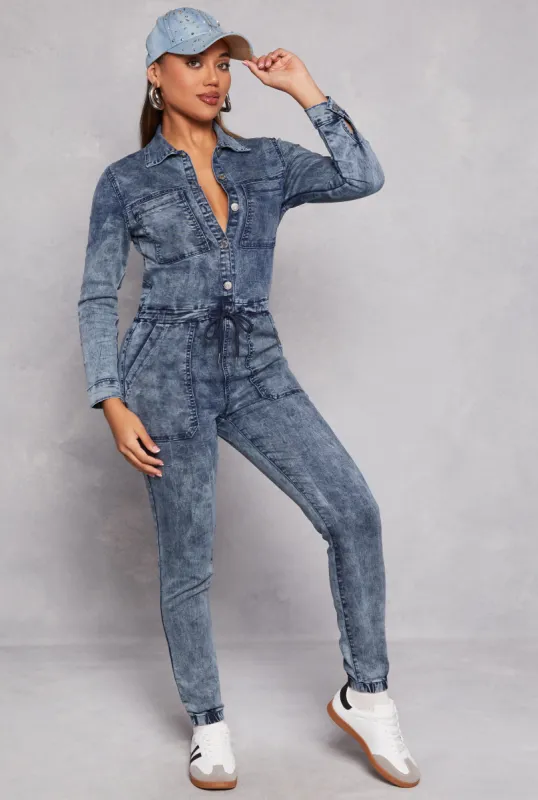 Long Sleeve Acid Wash Denim Jumpsuit sold by Rainbow