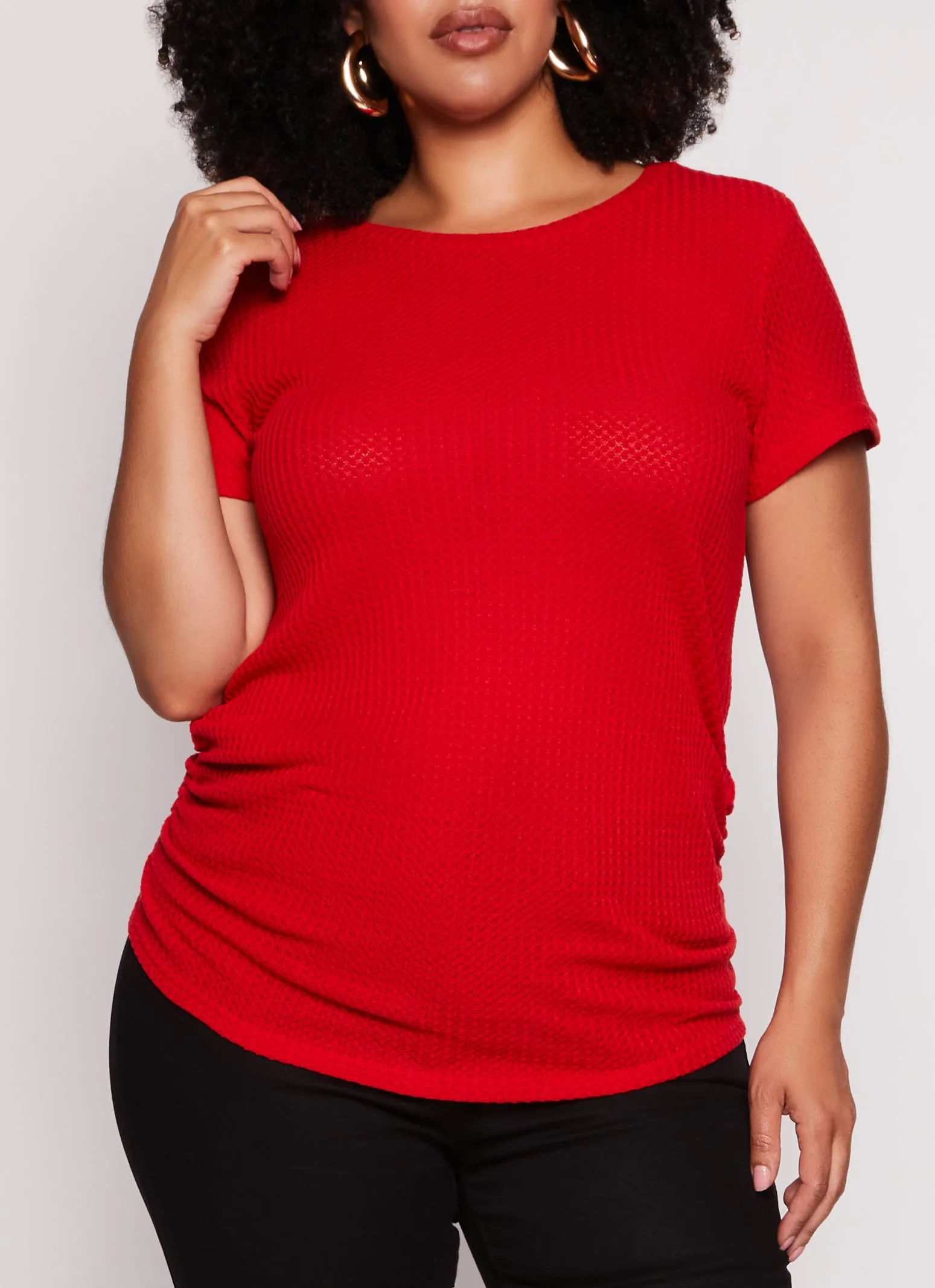 Plus Size Waffle Knit Crew Neck Ruched Tee sold by Rainbow