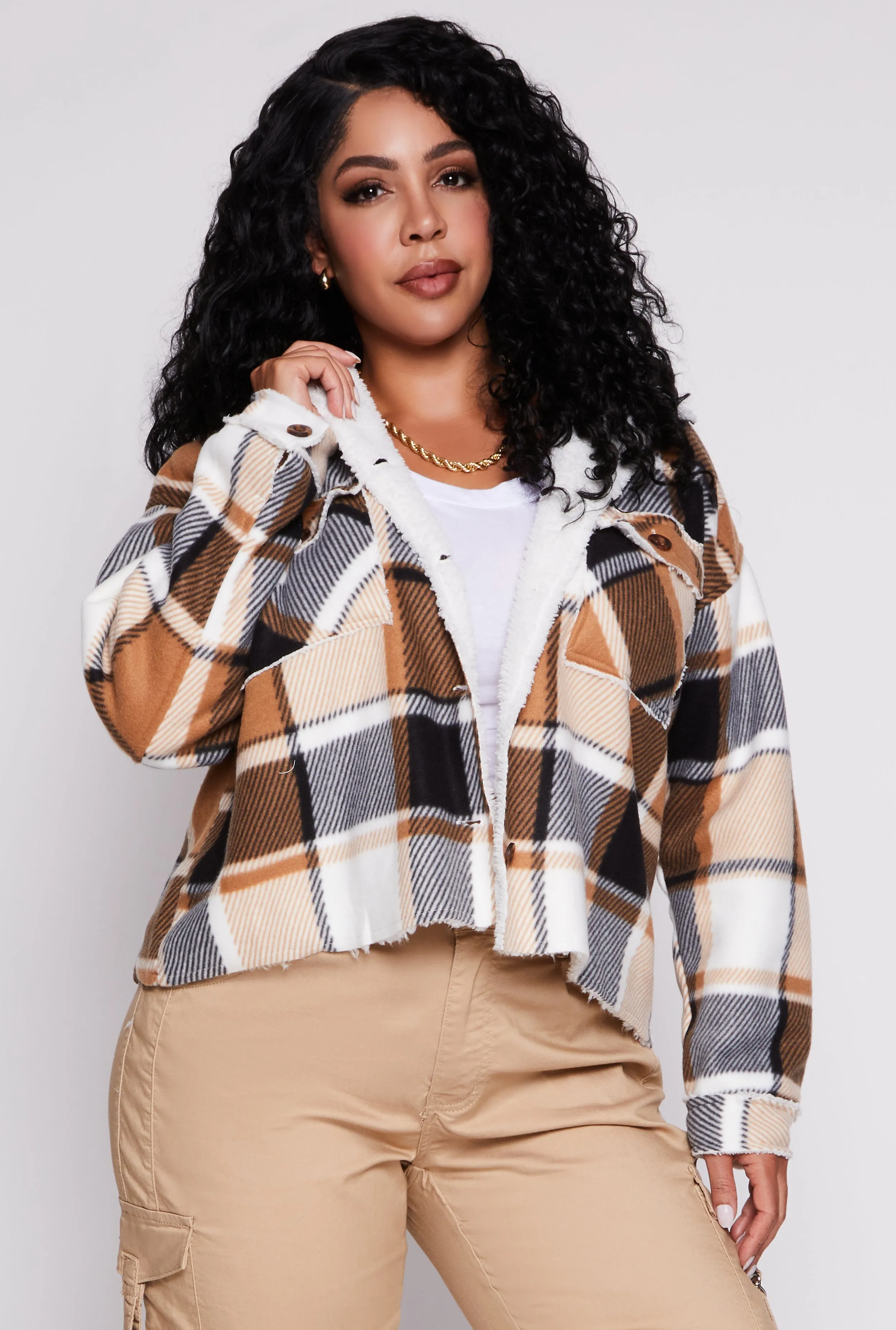 Plus Size Plaid Sherpa Lined Raw Hem Shacket sold by Rainbow