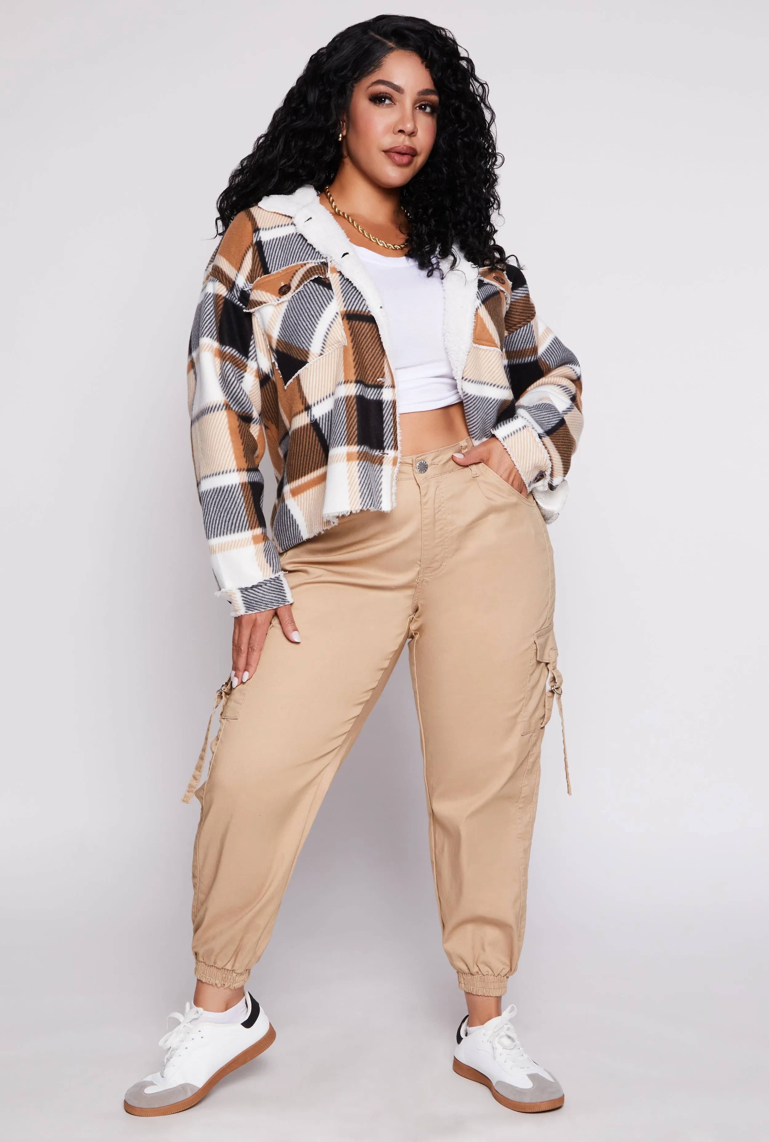 Plus Size Plaid Sherpa Lined Raw Hem Shacket sold by Rainbow product image thumbnail 2